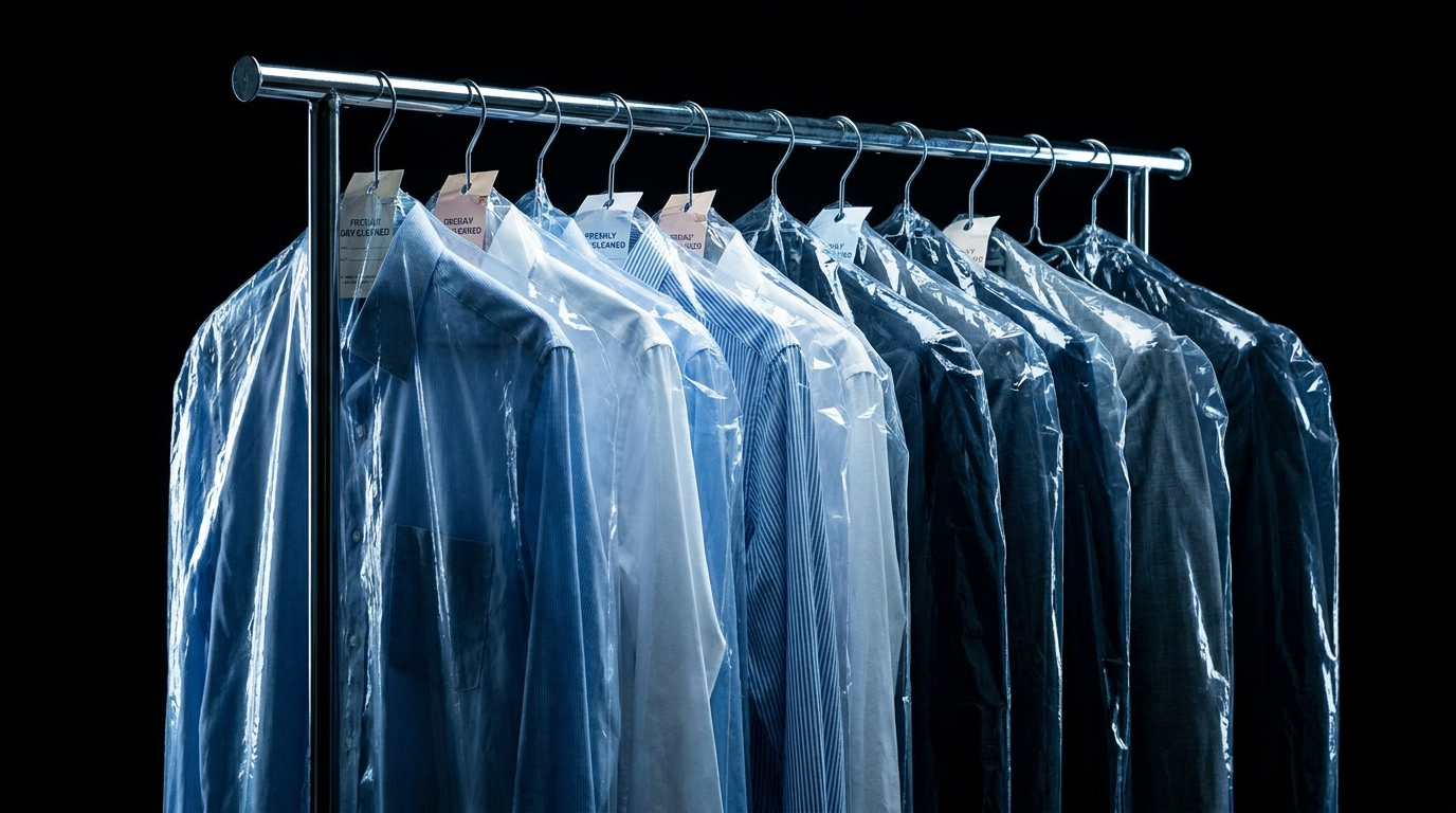 Freshly dry-cleaned pressed clothes on a rack