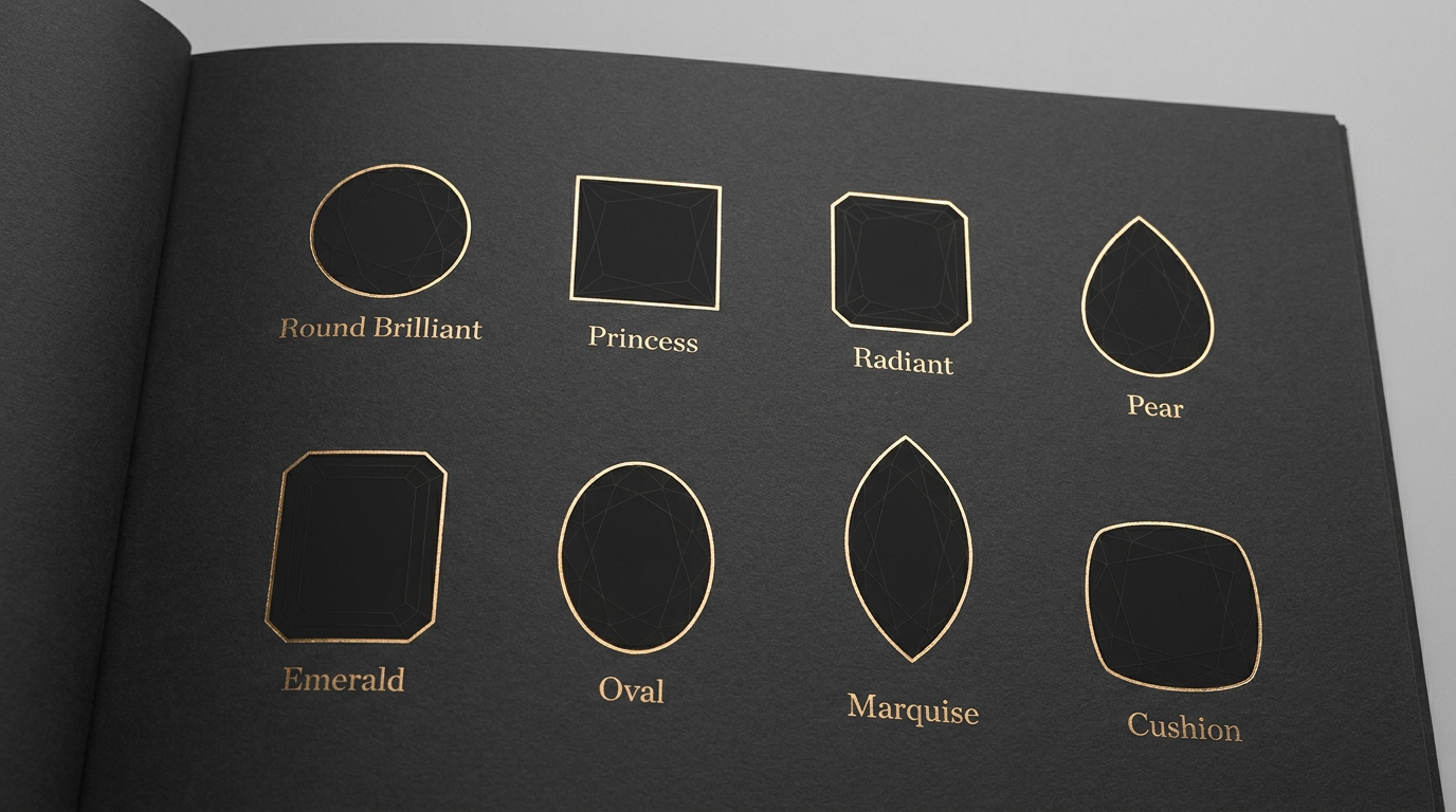 Grid of diamond shape options: round, princess, radiant, pear, emerald, oval, marquise