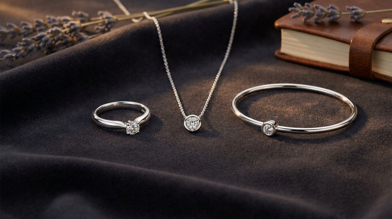Ring, pendant, and bracelet memorial diamond settings shown together