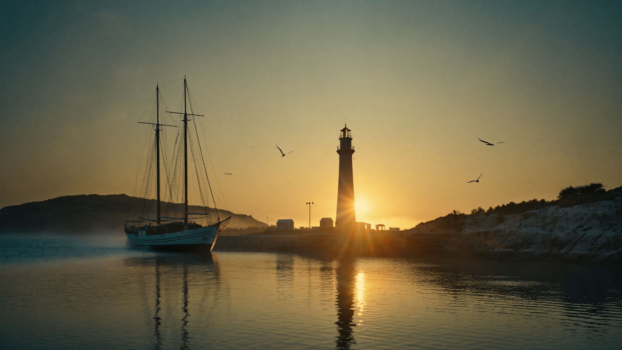 Das Schiff liegt bei Sonnenaufgang im Hafen neben dem Leuchtturm