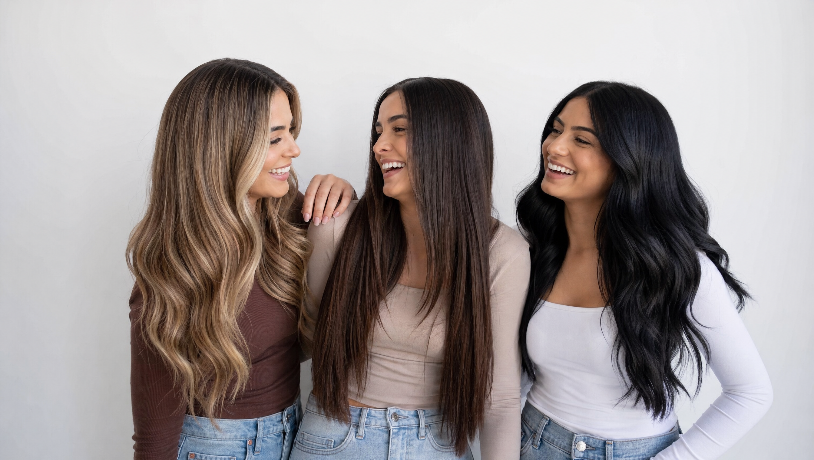Three women with DULGE hair extensions in blonde, brunette, and black shades