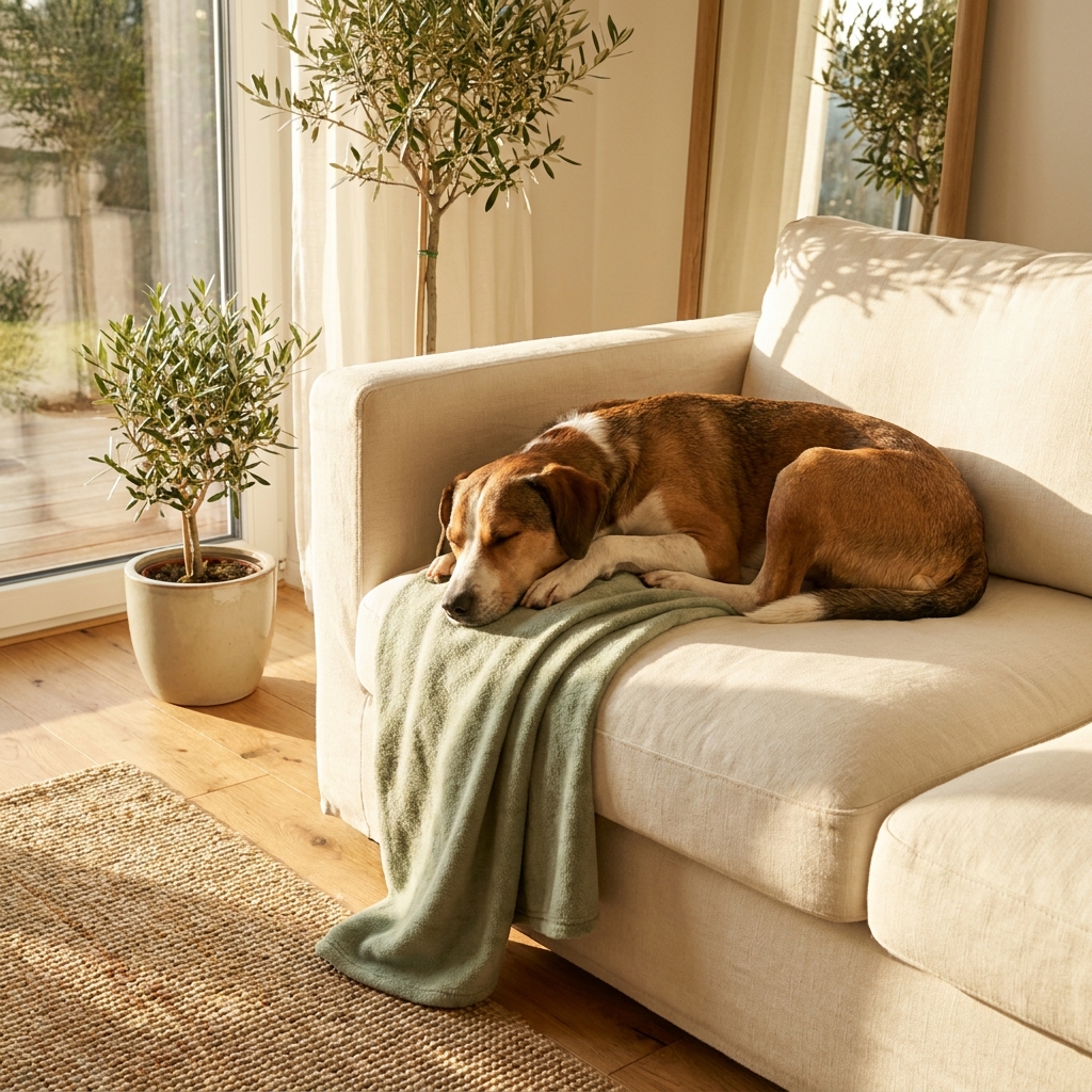 Ein ruhiger Hund, der zu Hause entspannt