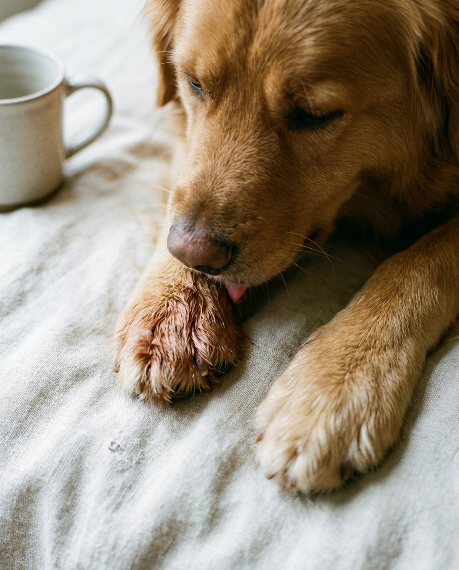 A dog licking its paw
