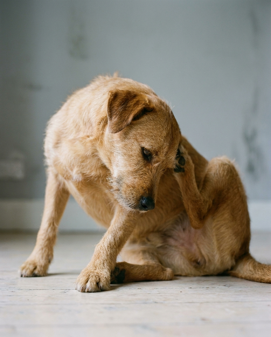 A dog scratching its ear with a hind leg