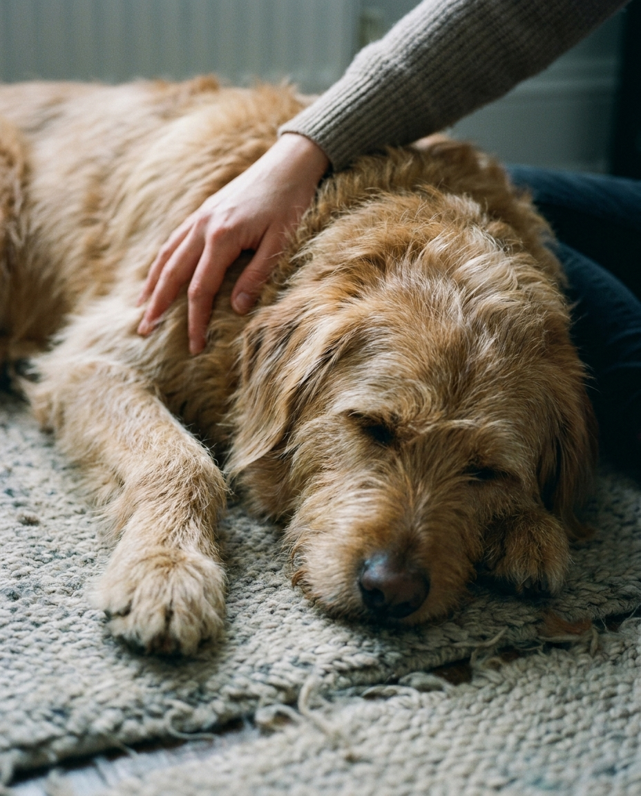 A dog resting calmly