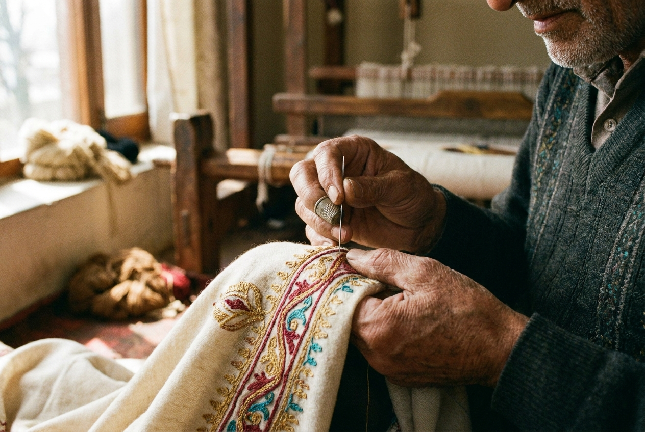 Hand embroidery on a pashmina shawl