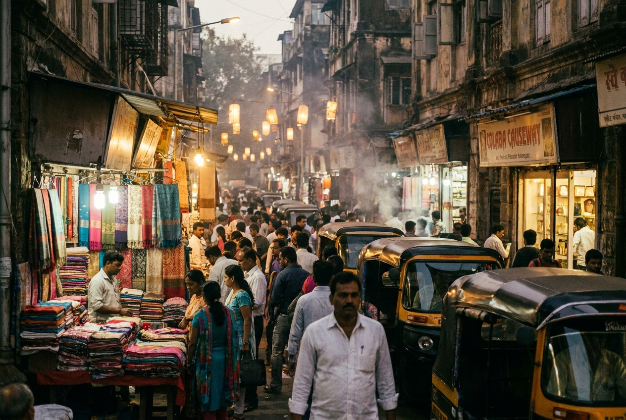 A market lane in Mumbai at dusk