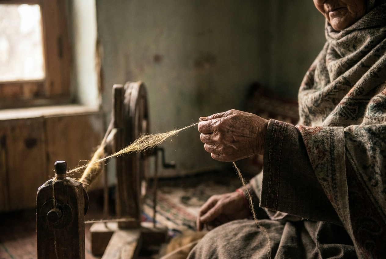 Hands spinning pashmina thread