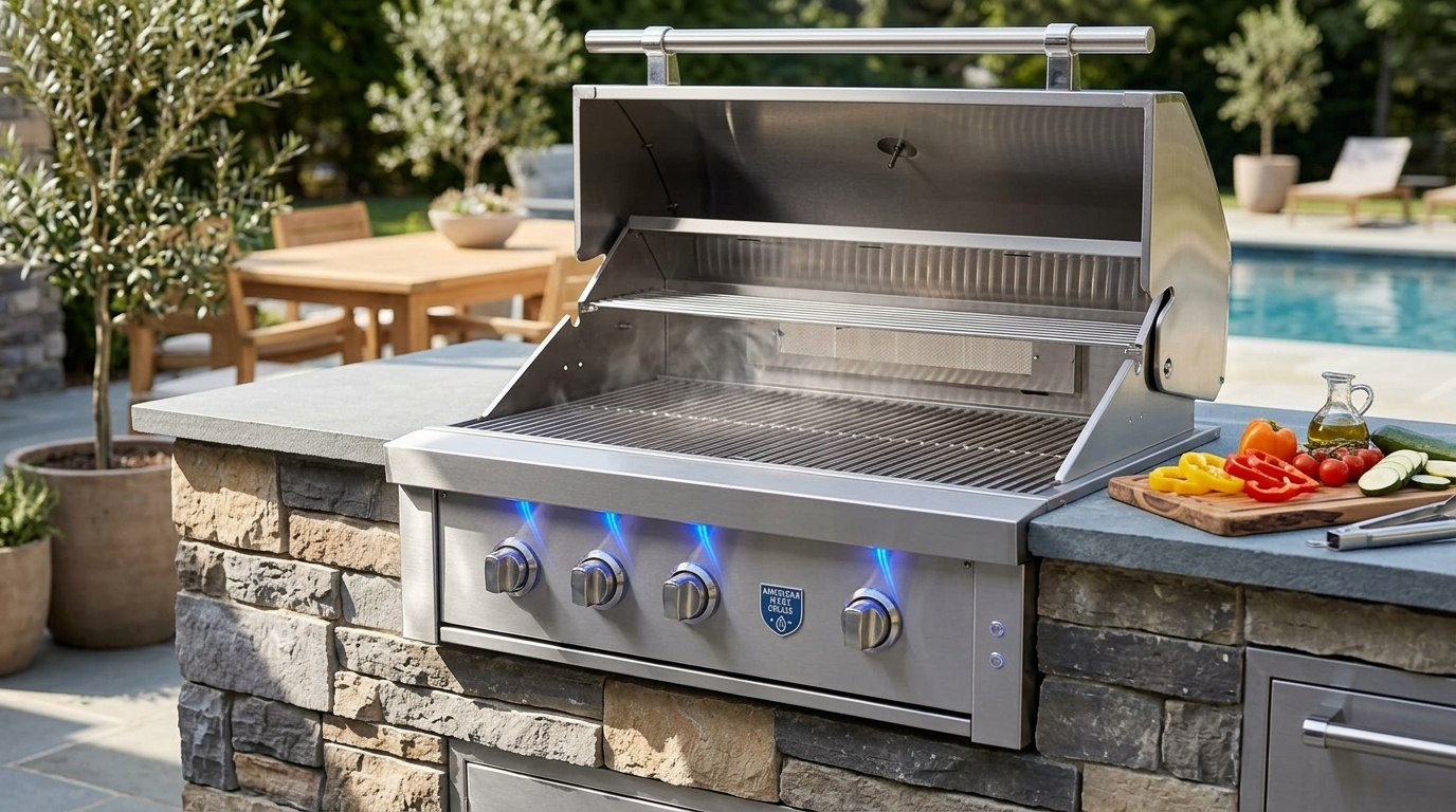 Close-up of an American Made Grills stainless steel built-in gas grill set into a stone outdoor kitchen island