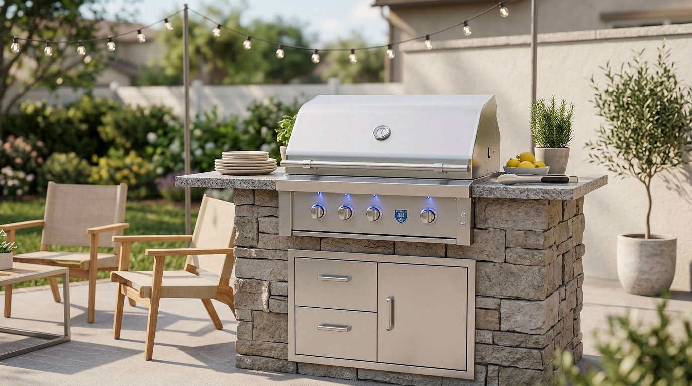 Compact outdoor kitchen on a patio with a single built-in grill, stainless storage drawers, and string lights