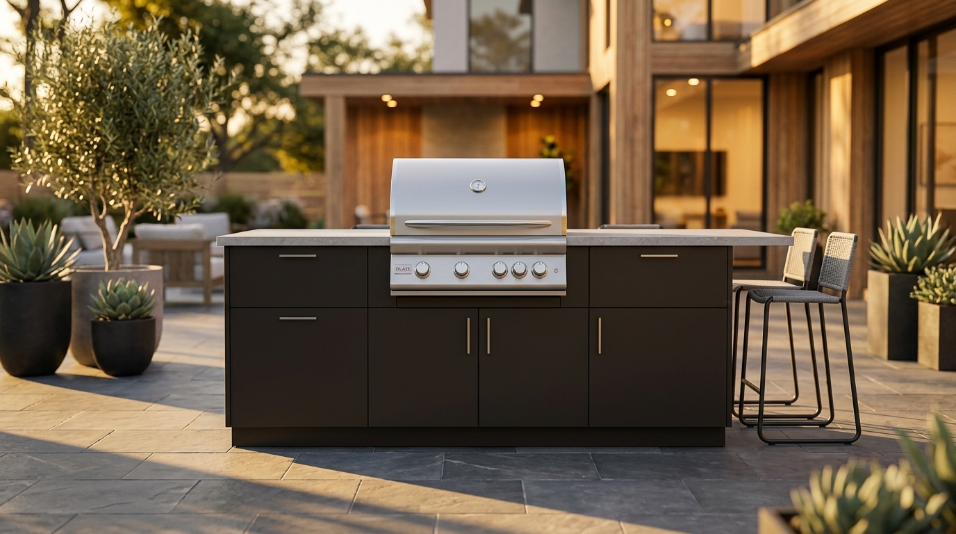 Blaze outdoor kitchen island with a stainless steel built-in grill, dark cabinetry, and a stone countertop on a backyard patio at golden hour