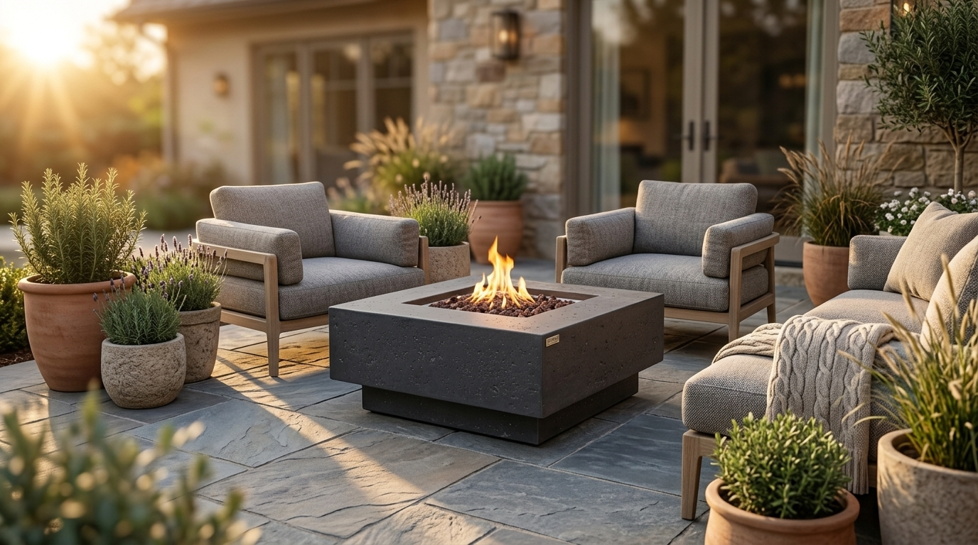 Concrete gas fire table on a natural stone paver patio surrounded by outdoor seating