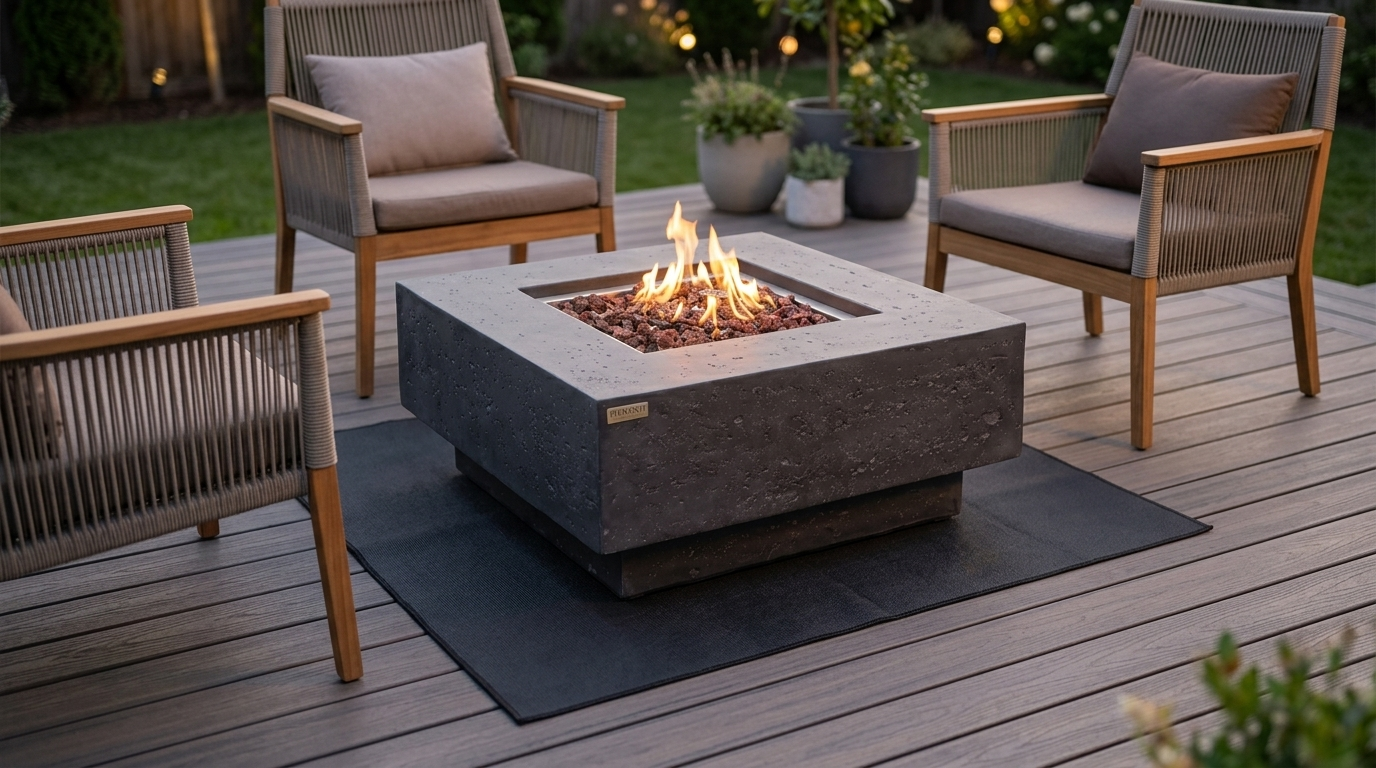 Concrete gas fire table on a composite deck with a non-combustible protective mat underneath