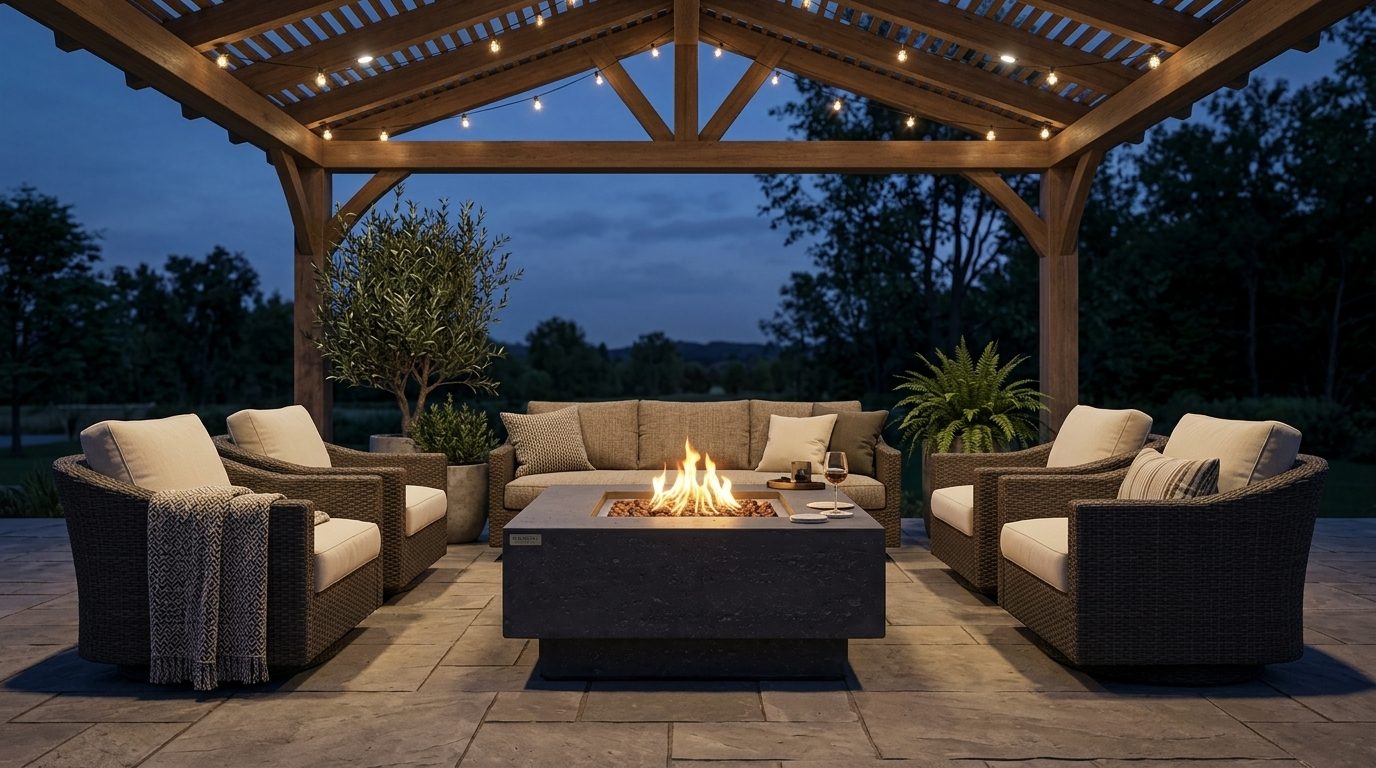 Concrete gas fire table under an open pergola with generous overhead clearance
