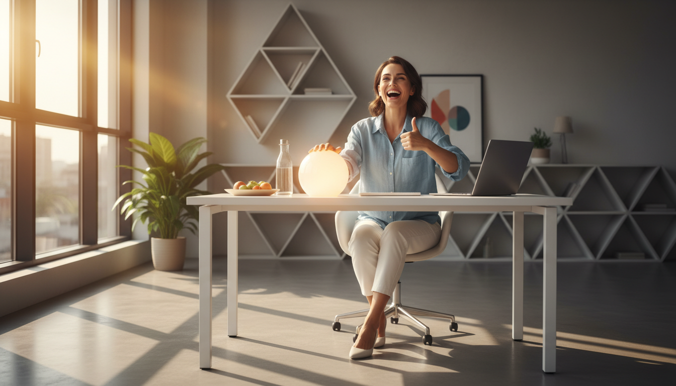femme 55 ans sereine calme bureau eau hydrogénée stress chronique