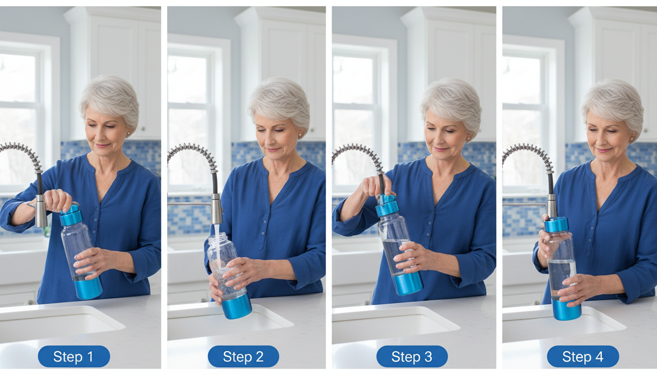 femme 60 ans utilisant gourde AQWA cuisine guide étapes