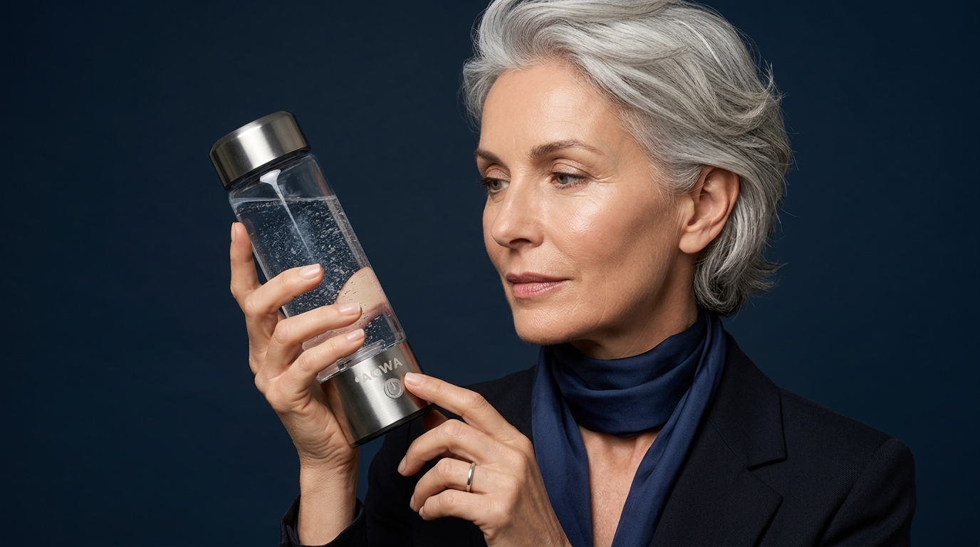 femme 55 ans boit eau hydrogénée fraîche gourde AQWA conservation
