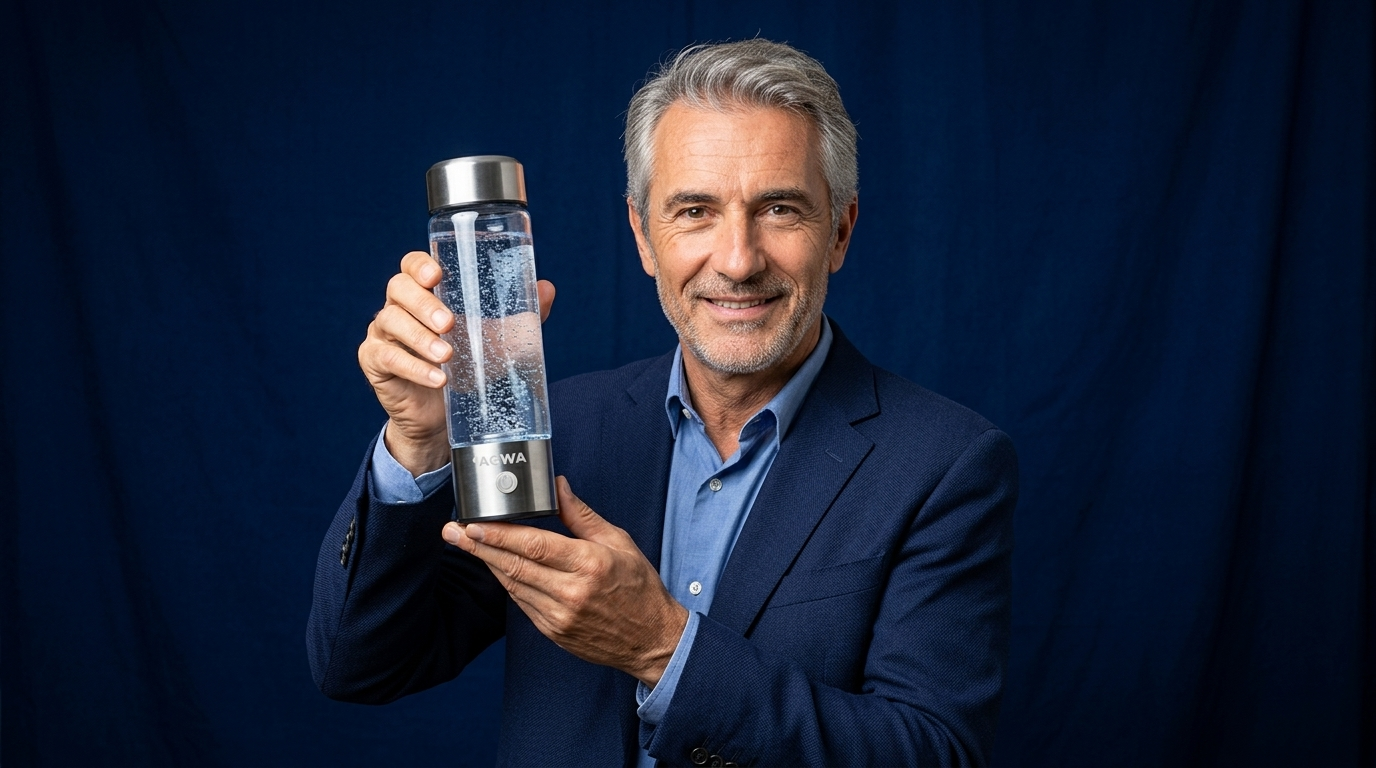 homme 58 ans tenant fièrement gourde eau hydrogénée qualité premium