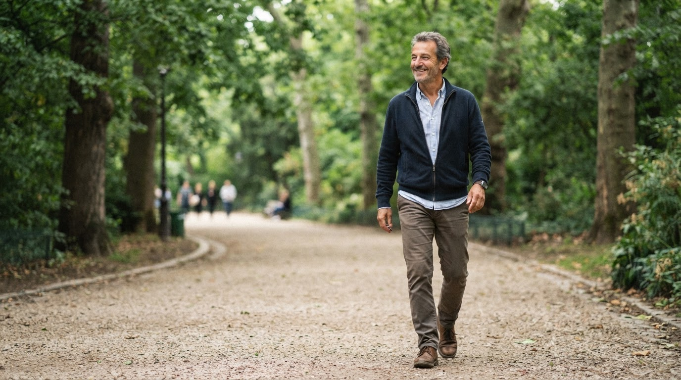 homme 56 ans marche matinale parc énergie eau hydrogénée