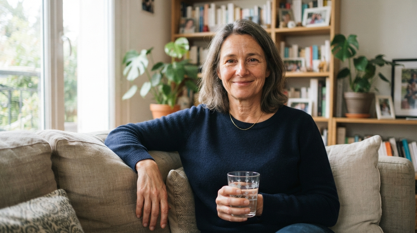 femme 55 ans salon sereine verre eau hydrogénée rassurée
