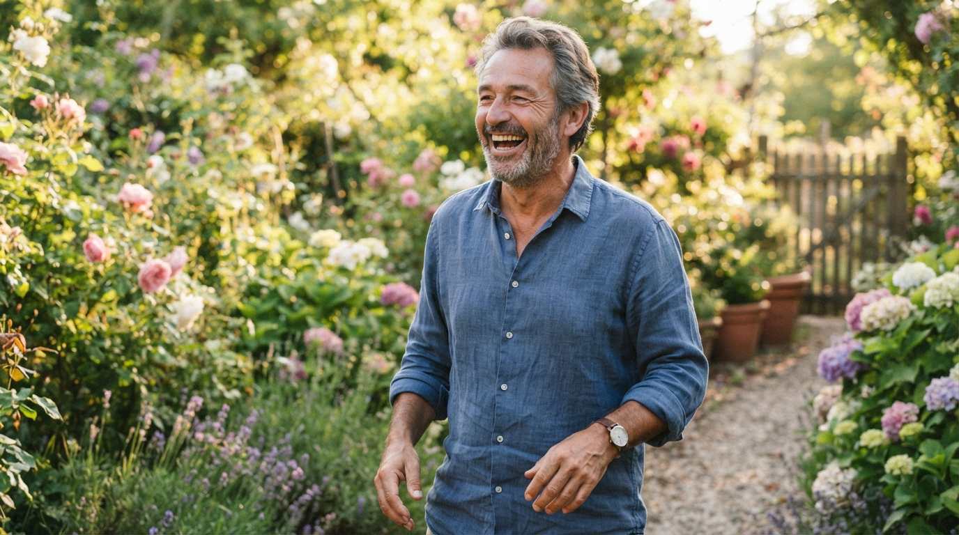 homme 57 ans jardin sourire énergie comparatif eau hydrogénée