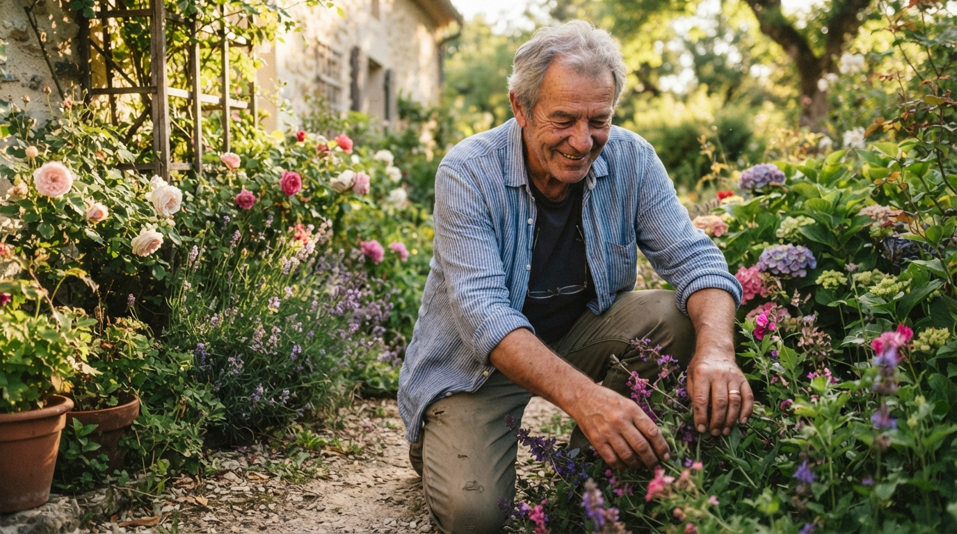 Homme de 68 ans souriant, jardinant un après midi ensoleillé