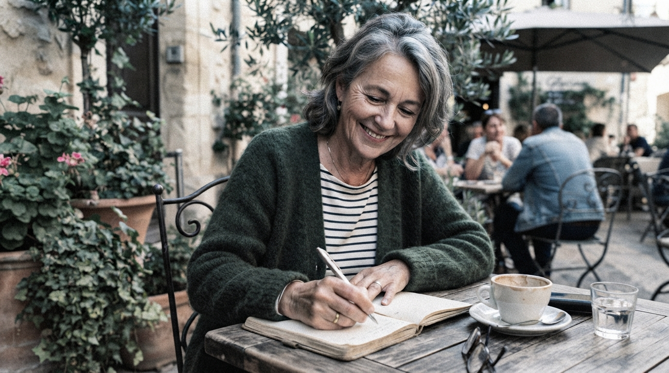Femme de 62 ans souriante, écrivant sur une terrasse ensoleillée