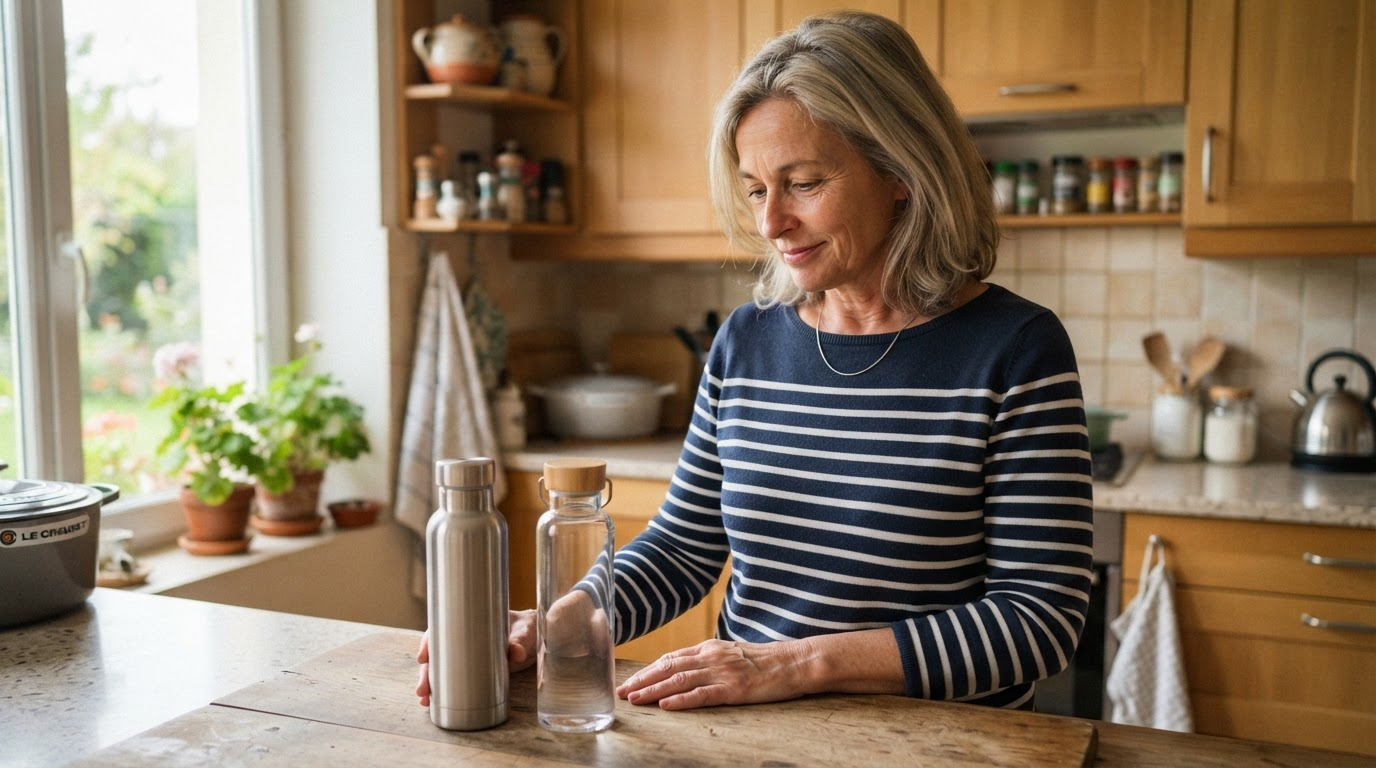 Femme de 58 ans comparant deux solutions dans sa cuisine
