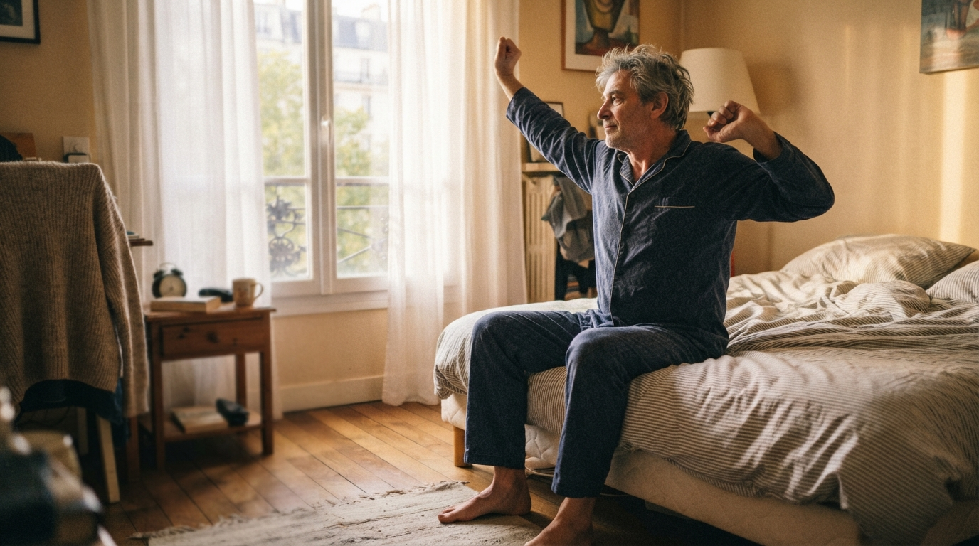 Homme de 60 ans s'étirant doucement au réveil, lumière du matin