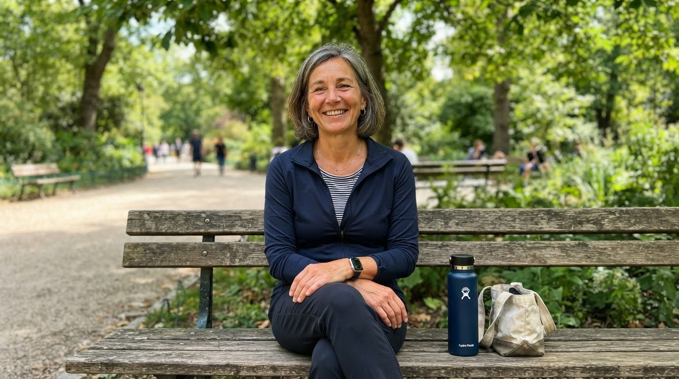 Femme de 55 ans se reposant sur un banc après une marche