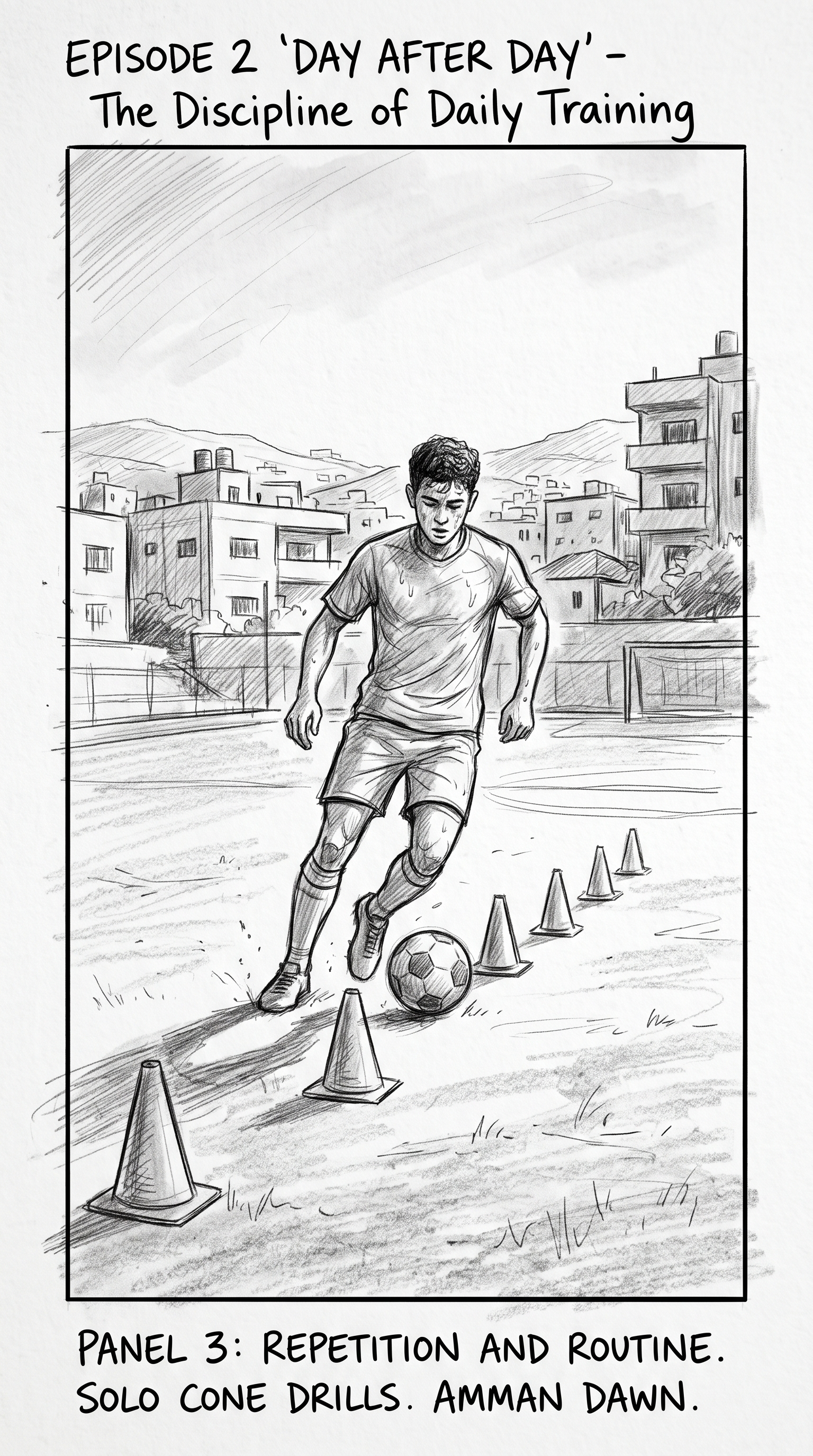 Storyboard sketch — Repetition: Cone drills, over and over, alone on the pitch at first light.