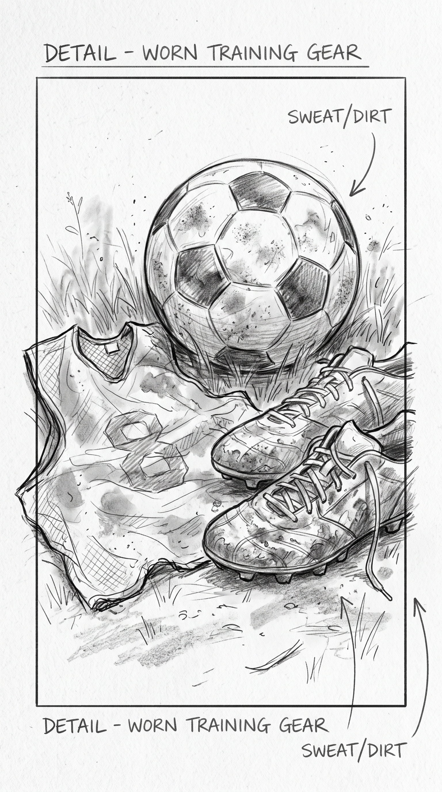 Storyboard sketch — Insert: Sweat on the ball; a worn training bib; the same boots, dustier.
