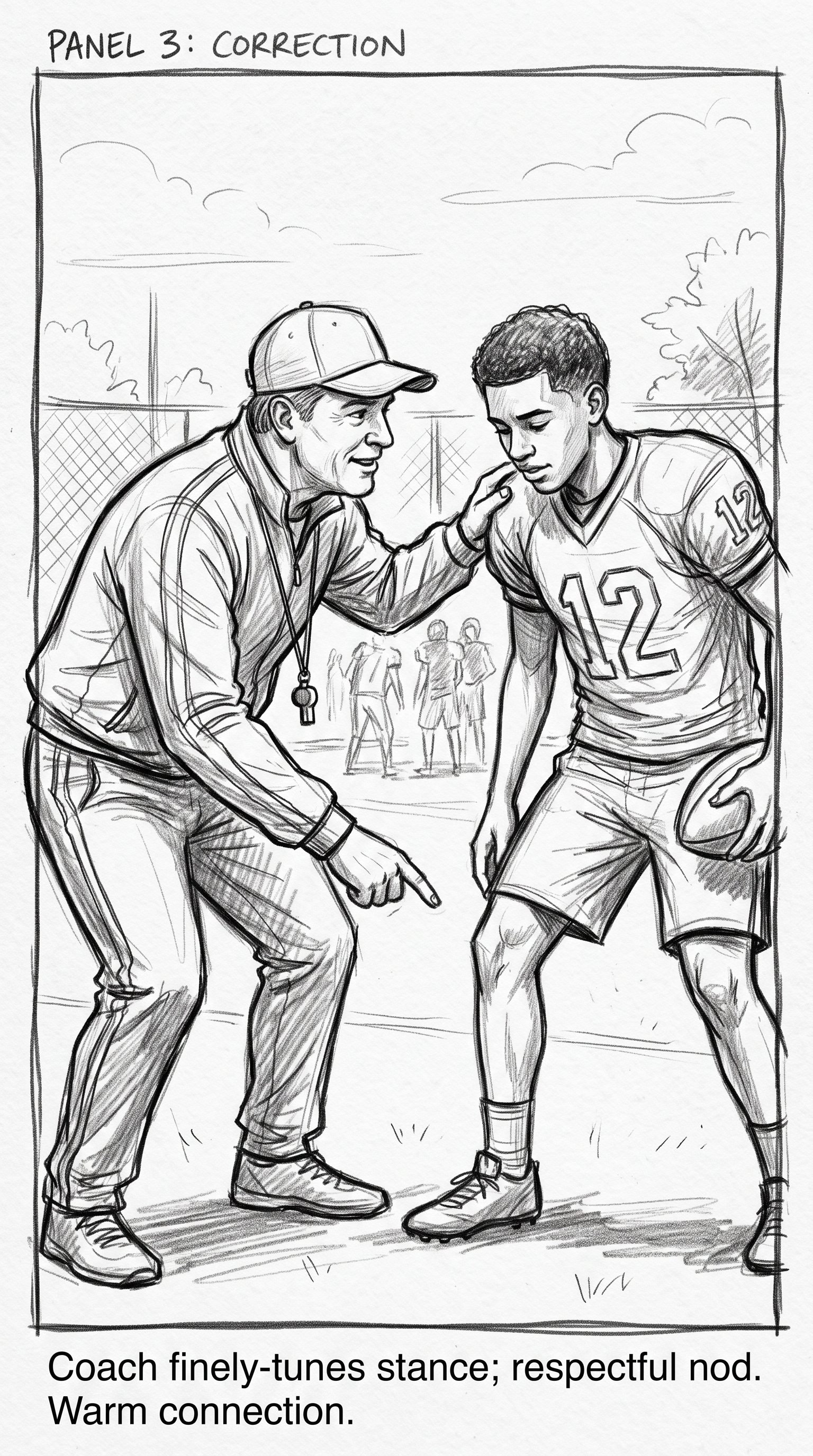 Storyboard sketch — Two-shot: The coach corrects his stance; a quiet nod between them.