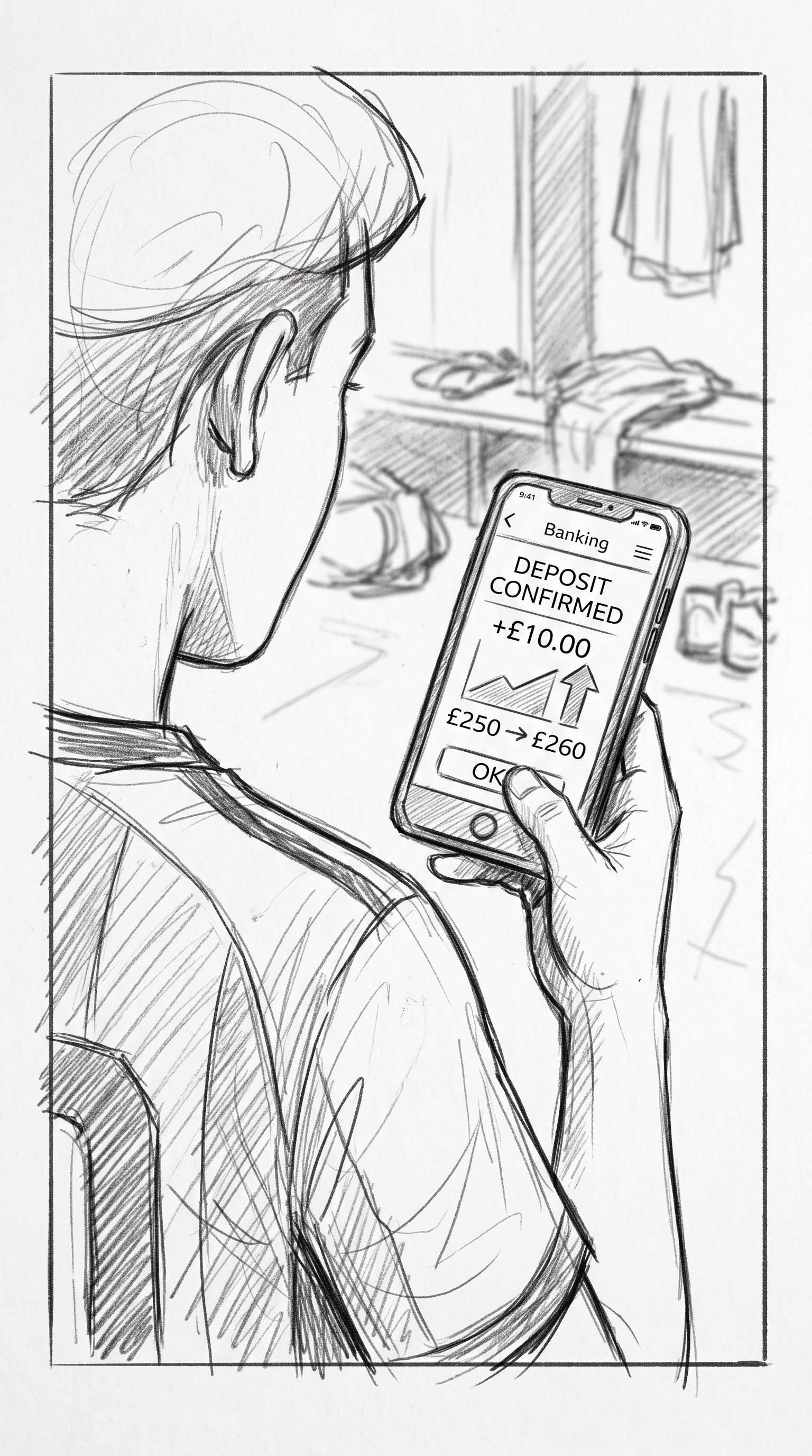 Storyboard sketch — Screen: Small, regular amounts added to the Sanabel account. The number ticks up.