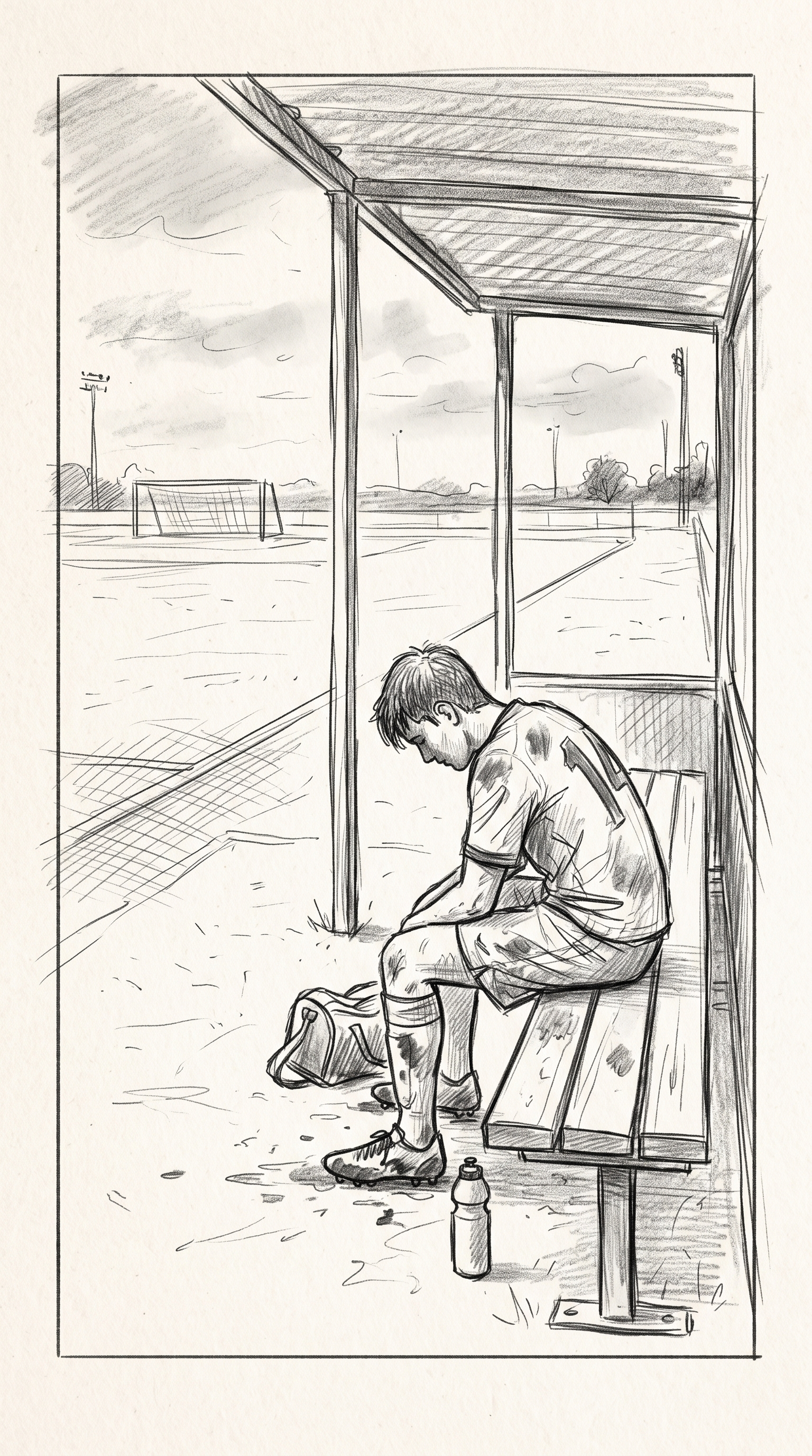 Storyboard sketch — Wide: He sits alone on the bench, kit muddy, head down. Empty pitch behind him.