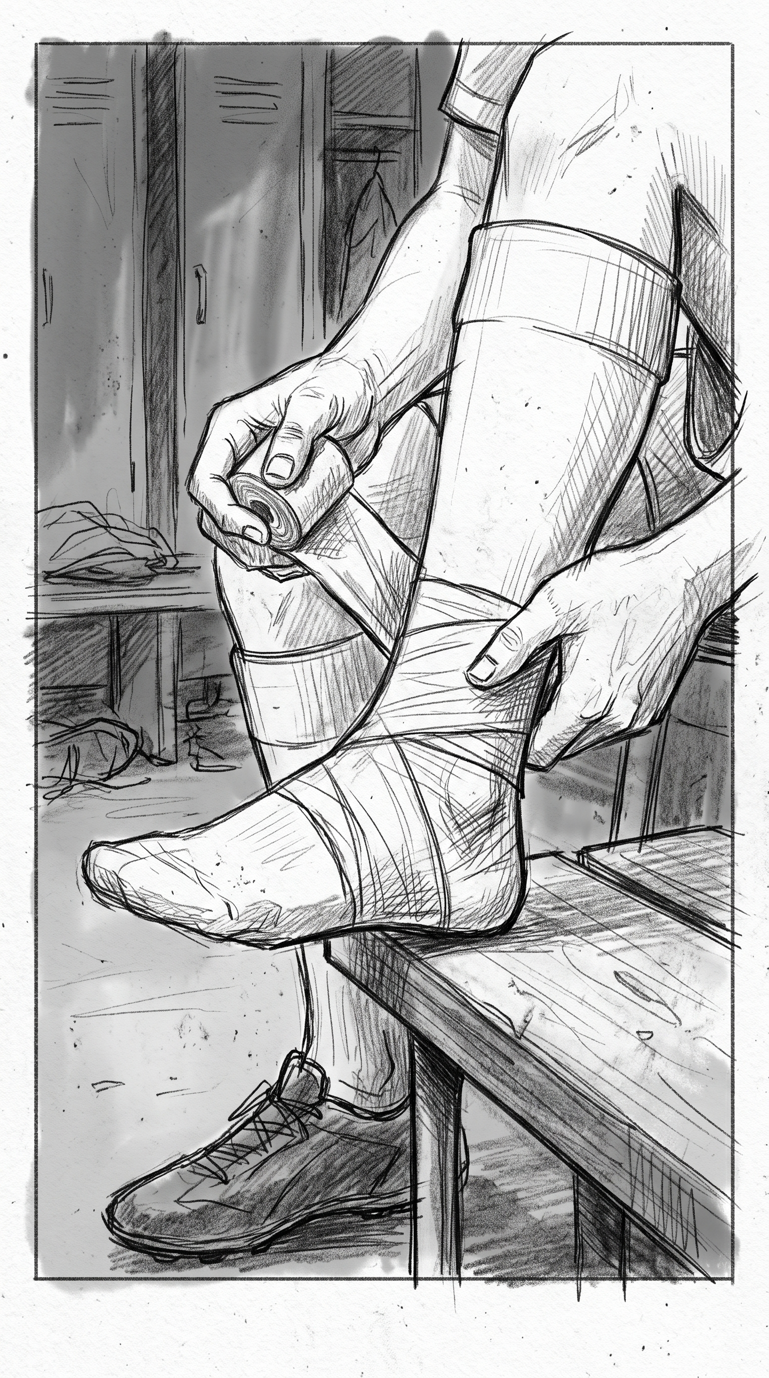 Storyboard sketch — Close-up: Hands wrapping a strapped ankle. Quiet, unglamorous work.