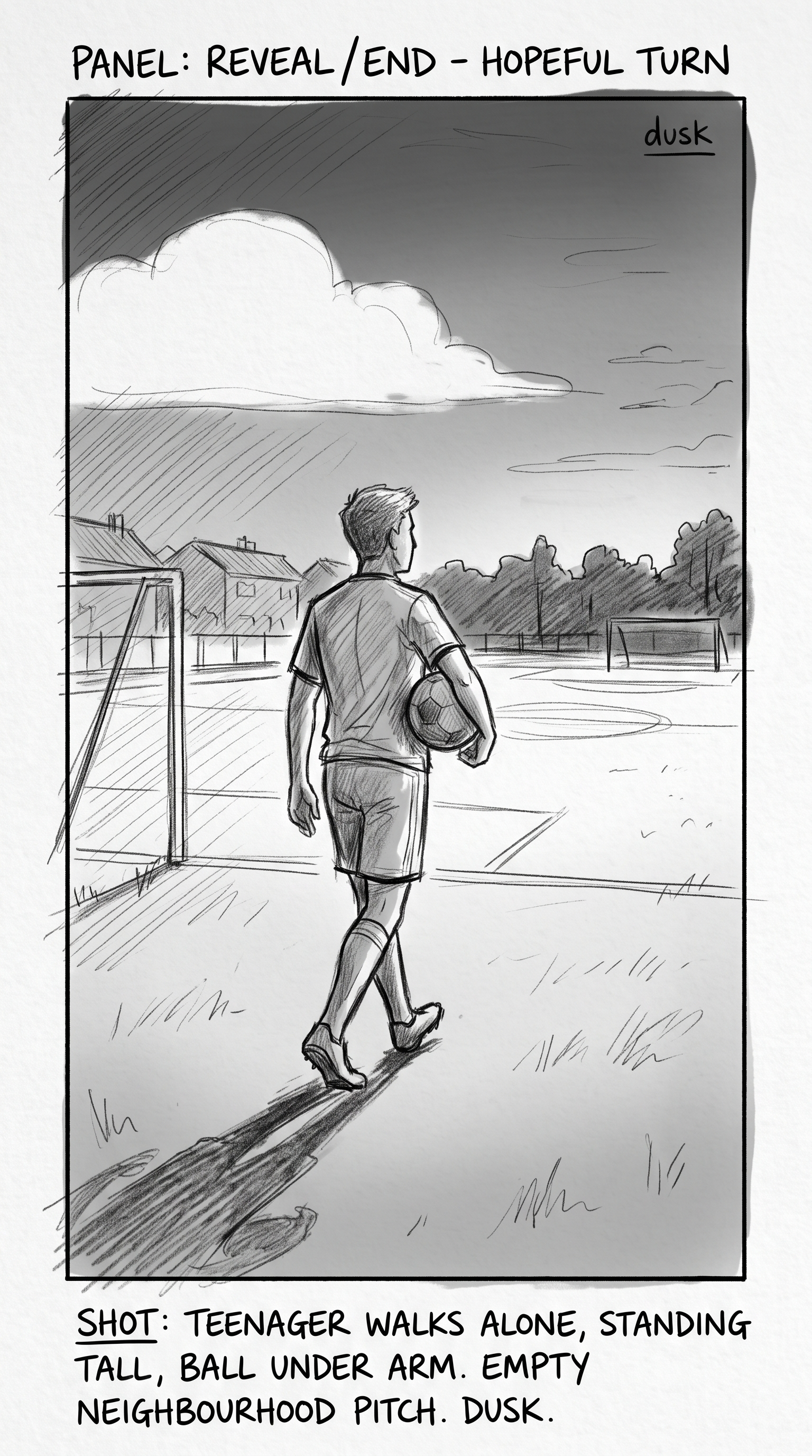 Storyboard sketch — Reveal: He returns to the empty pitch at dusk — alone again, but standing.