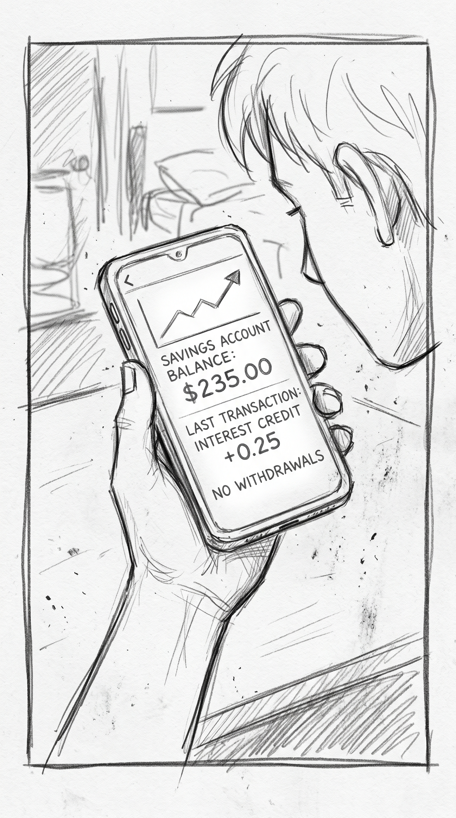 Storyboard sketch — Screen: He doesn't withdraw. The account stays untouched — and keeps growing.