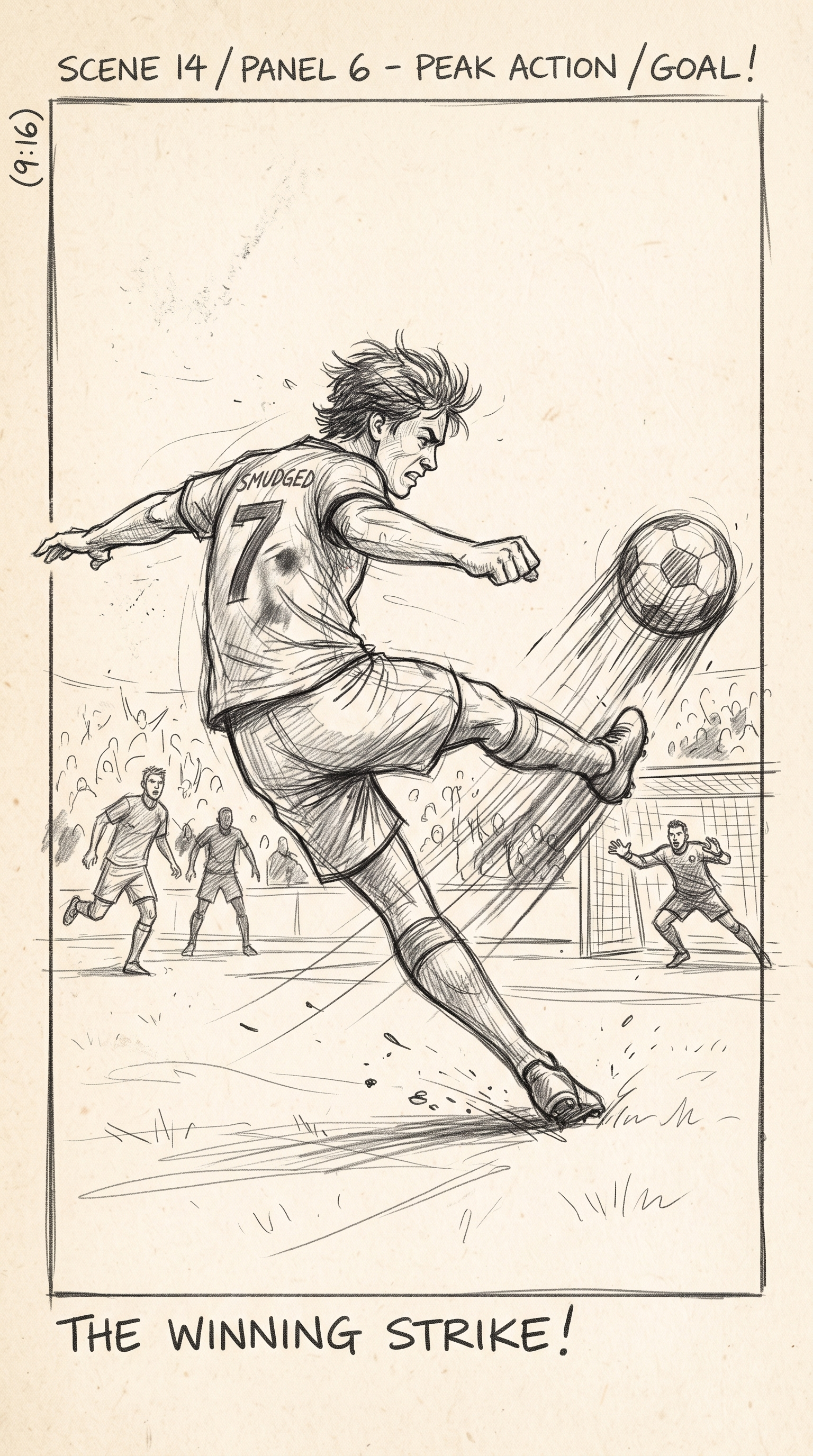 Storyboard sketch — Action: He strikes — the ball leaves his foot. The club watching.