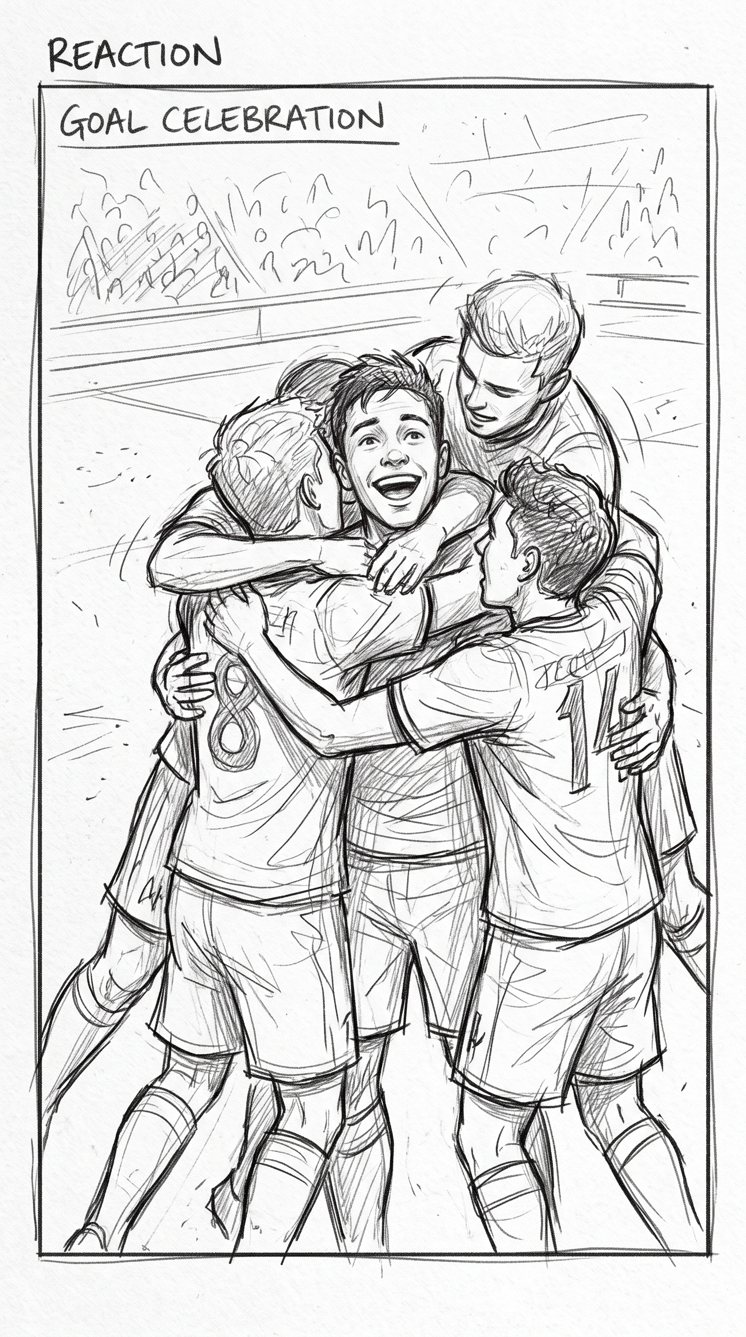 Storyboard sketch — Reaction: Teammates swarm him. First real, unguarded smile.