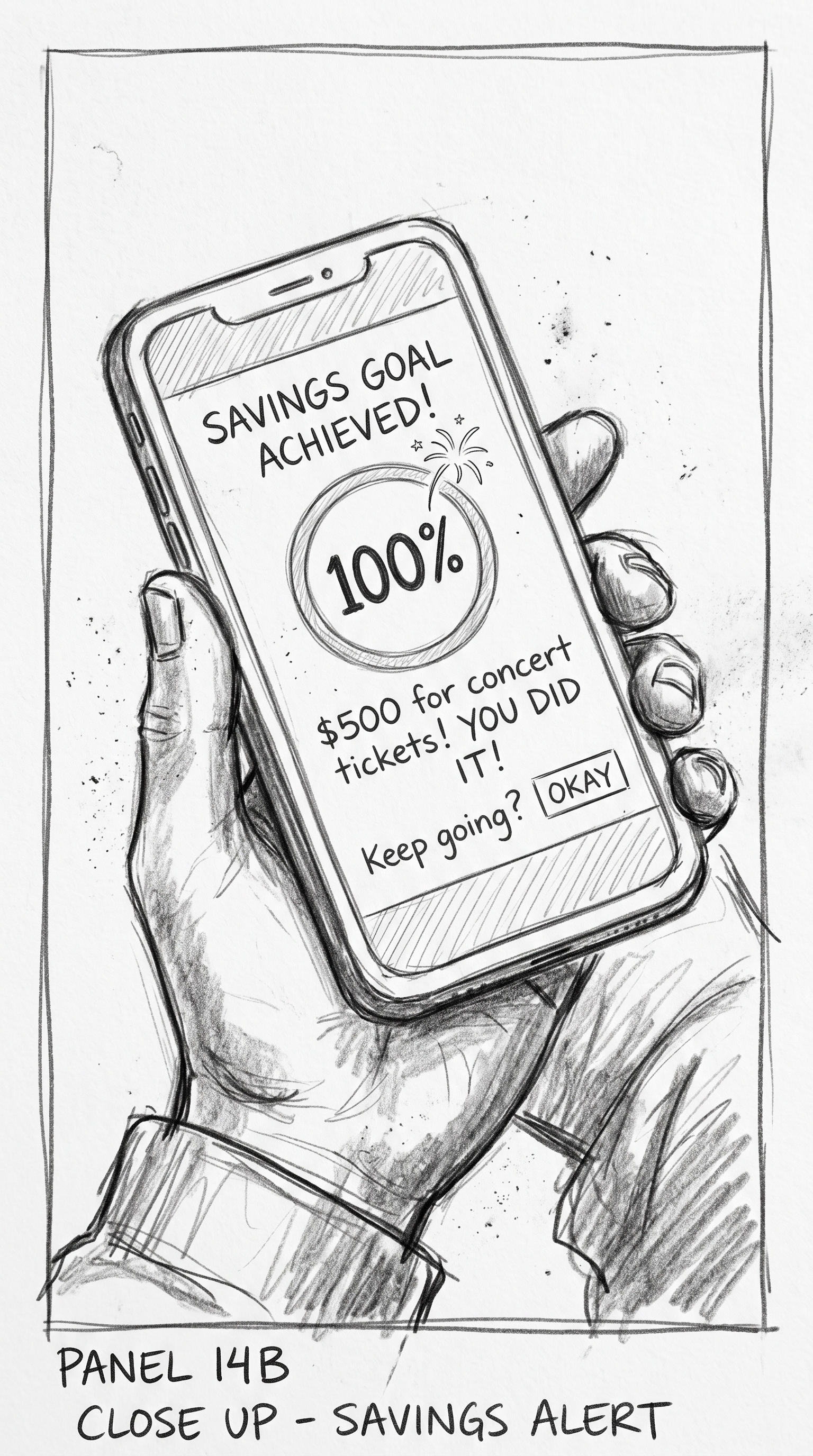 Storyboard sketch — Screen: A notification: his savings milestone reached, the same week.