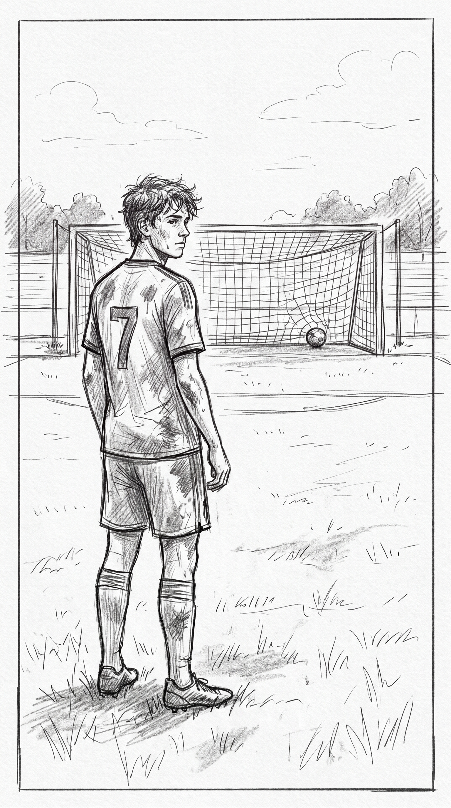 Storyboard sketch — Portrait: He looks at the goal he just scored past, quietly.