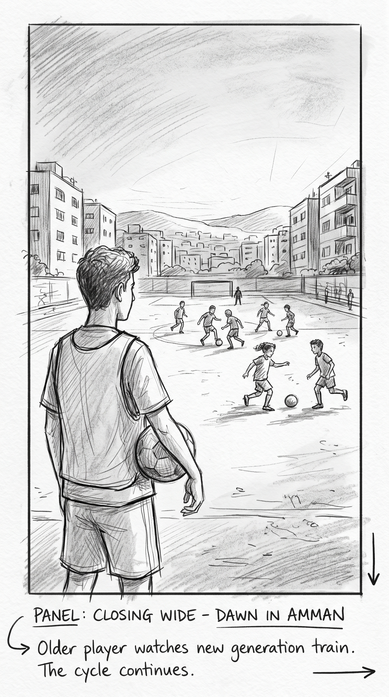 Storyboard sketch — Wide: The same dawn pitch as Episode 1 — but now younger kids train behind him.
