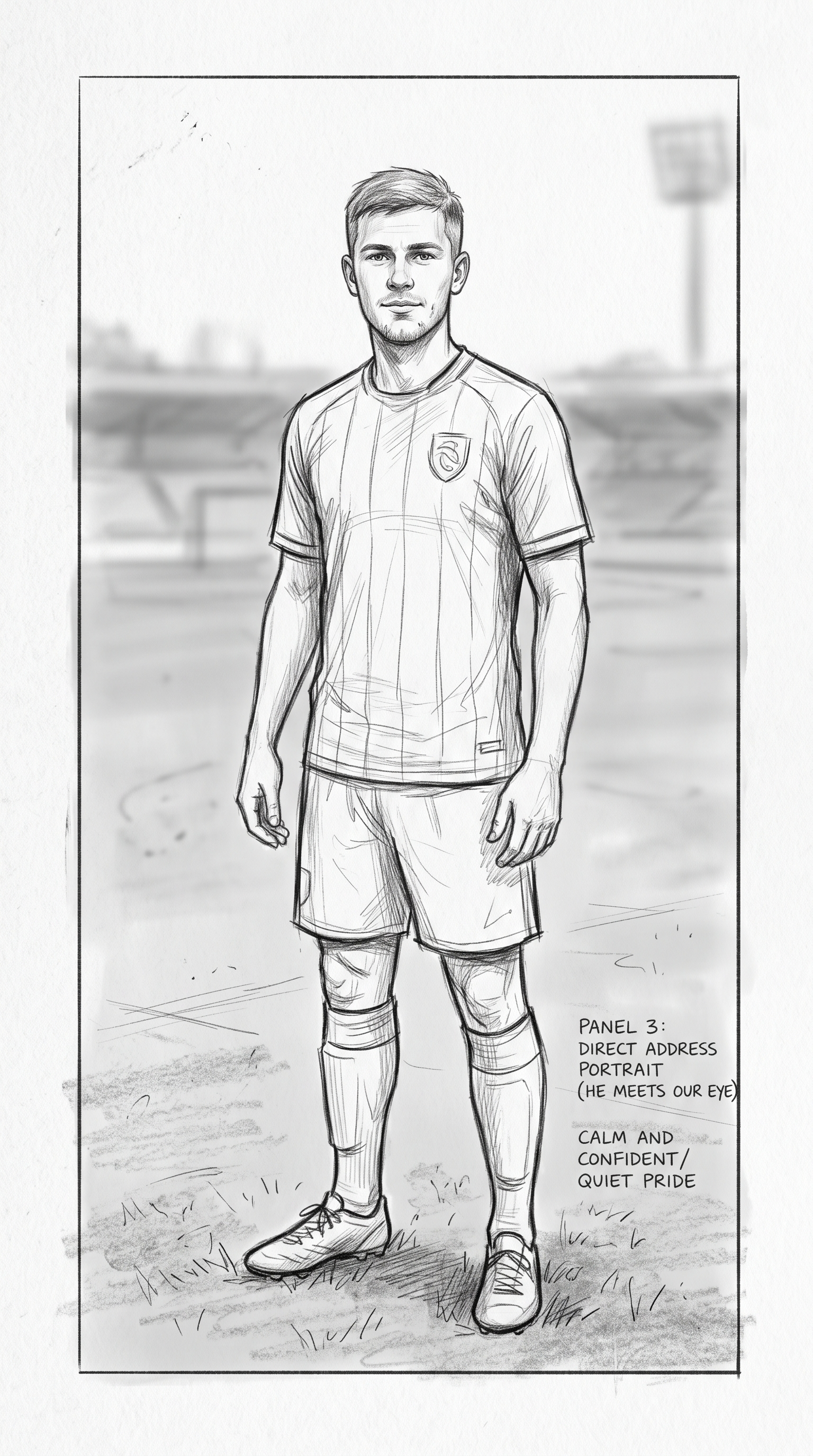 Storyboard sketch — Portrait: Older, steadier, boots newer. He looks straight to camera.
