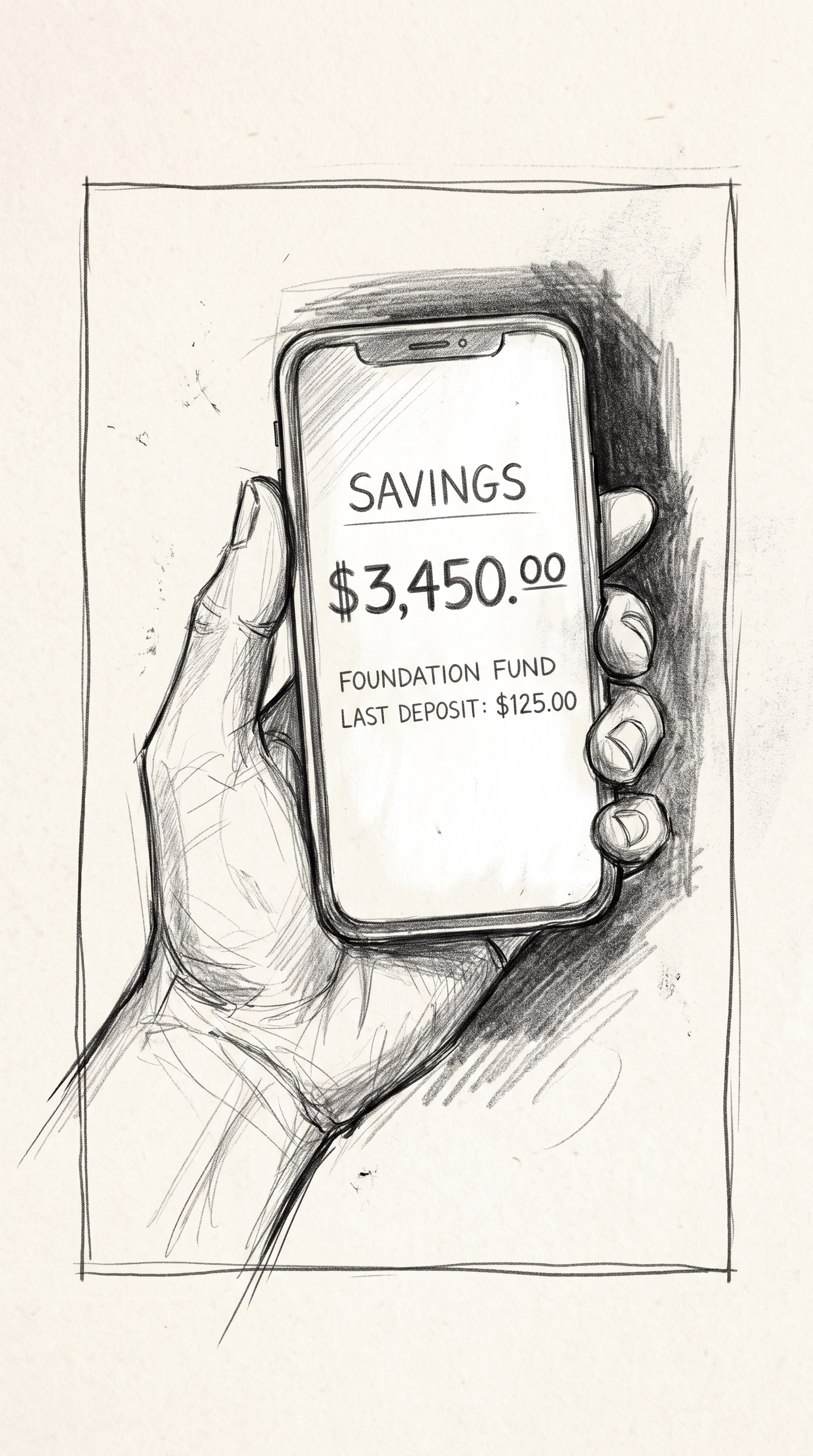 Storyboard sketch — Screen: The Sanabel account, grown. Not a fortune — a foundation.