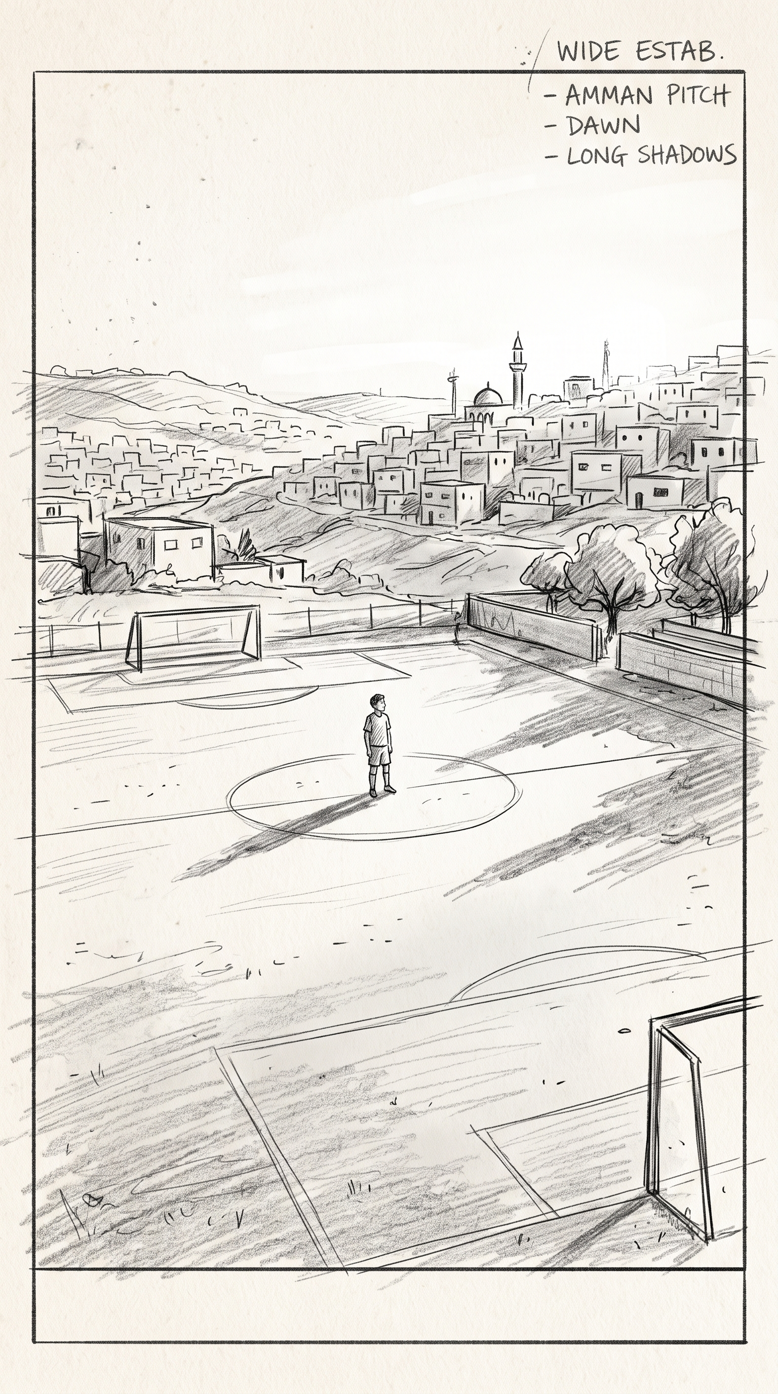 Storyboard sketch — Wide: Dawn in Amman — the boy alone at the centre of a modest neighbourhood pitch.