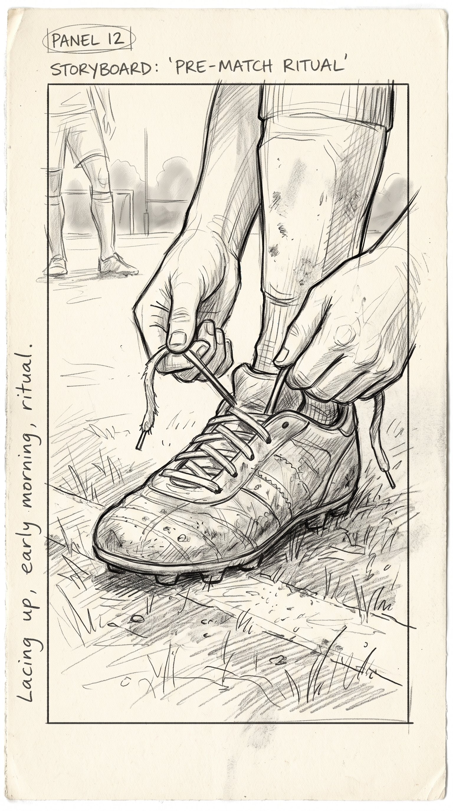 Storyboard sketch — Close-up: His hands lacing worn boots on the chalk line.