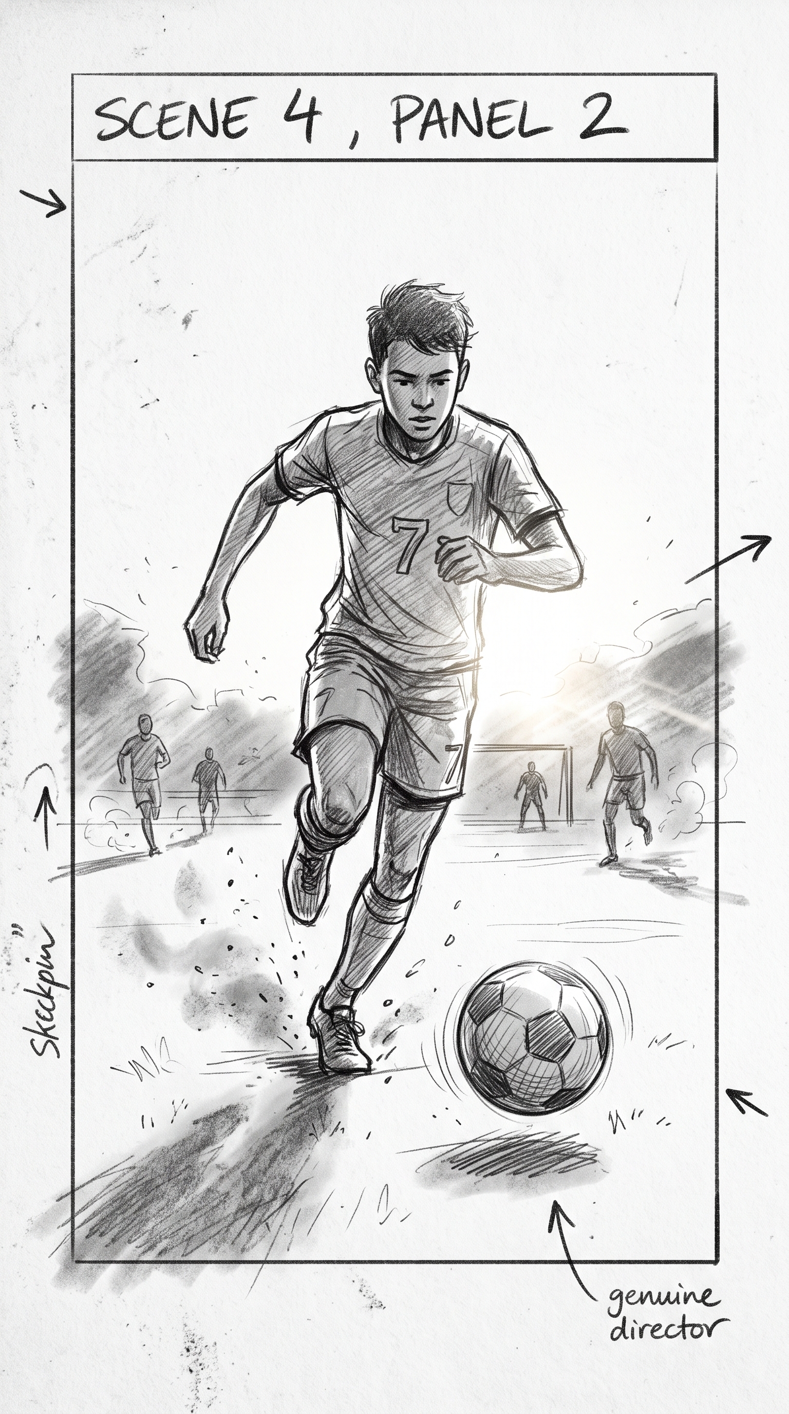 Storyboard sketch — Action: Dribbling toward camera, dust rising, backlit by low sun.