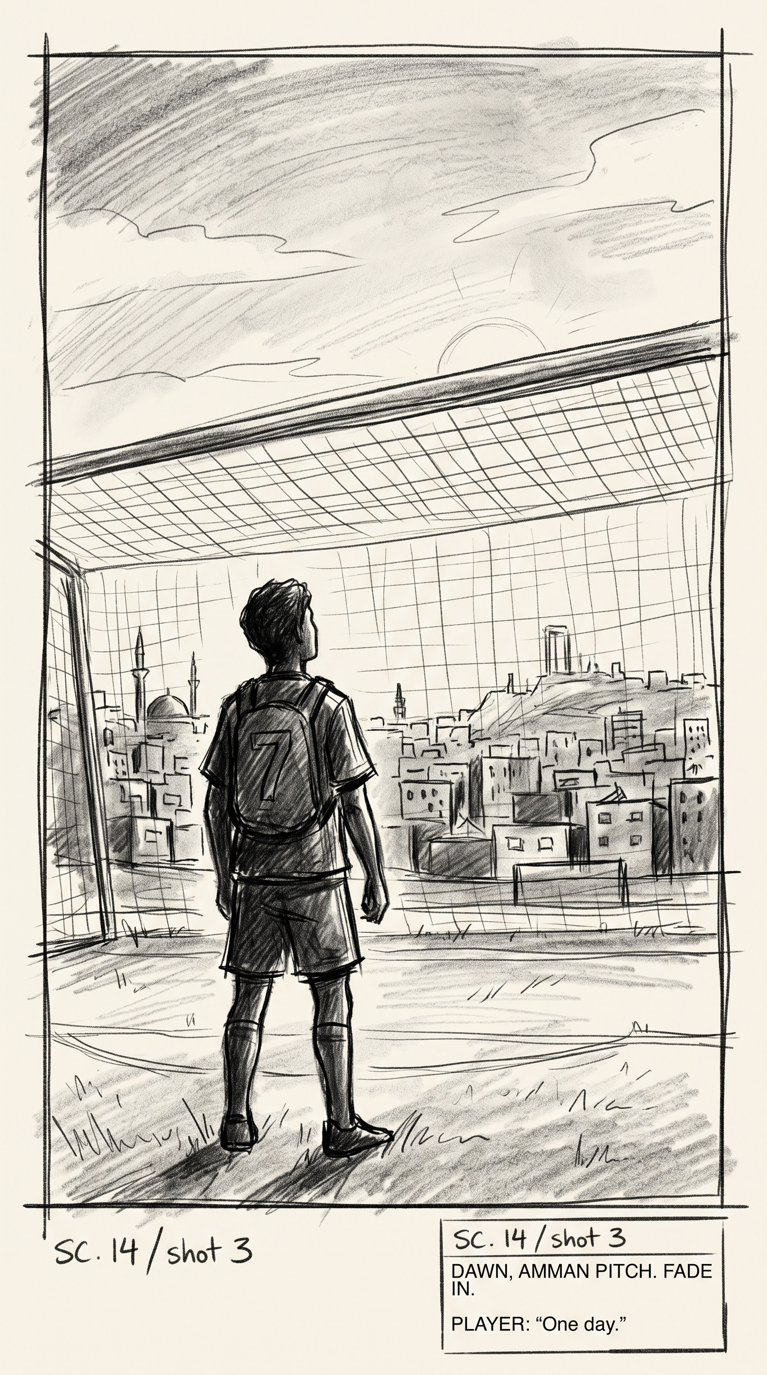 Storyboard sketch — Silhouette: He looks up at the goal against the dawn skyline.