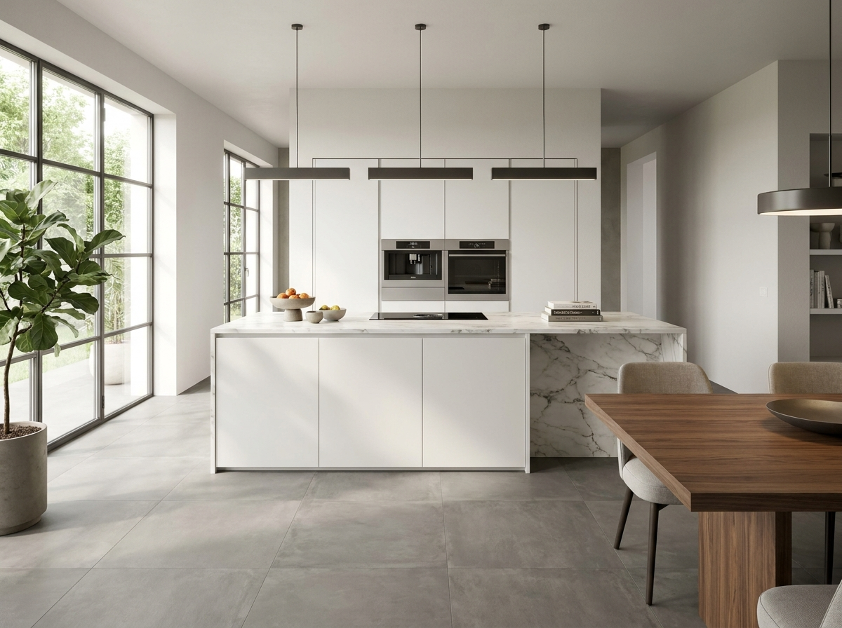 Cucina ristrutturata con pavimento effetto cemento